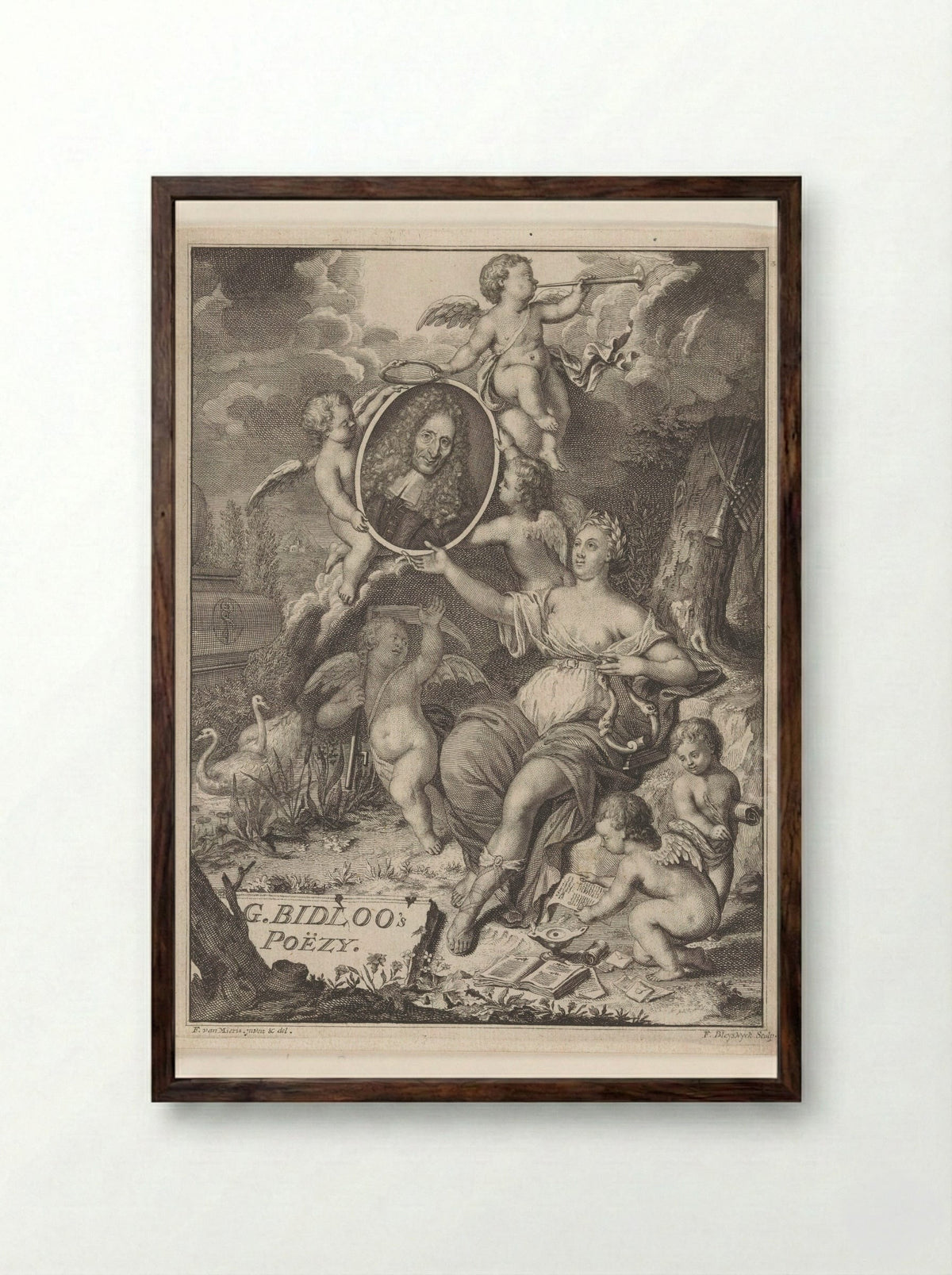 Muze en putti dragen portret van chirurgijn en dichter Govard Bidloo - Johan Arnold Langerak - Framed Print Dark Wood