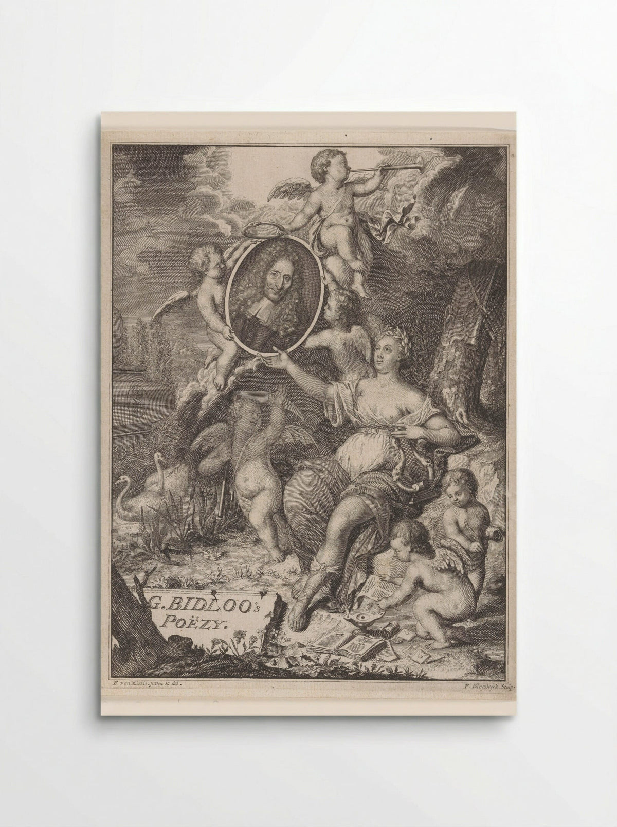 Muze en putti dragen portret van chirurgijn en dichter Govard Bidloo - Johan Arnold Langerak - Poster
