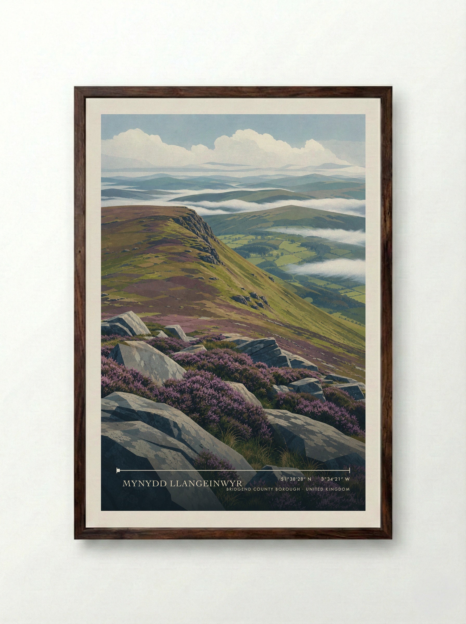 Mynydd Llangeinwyr Bridgend county borough United Kingdom Travel Poster - Framed Print Dark Wood