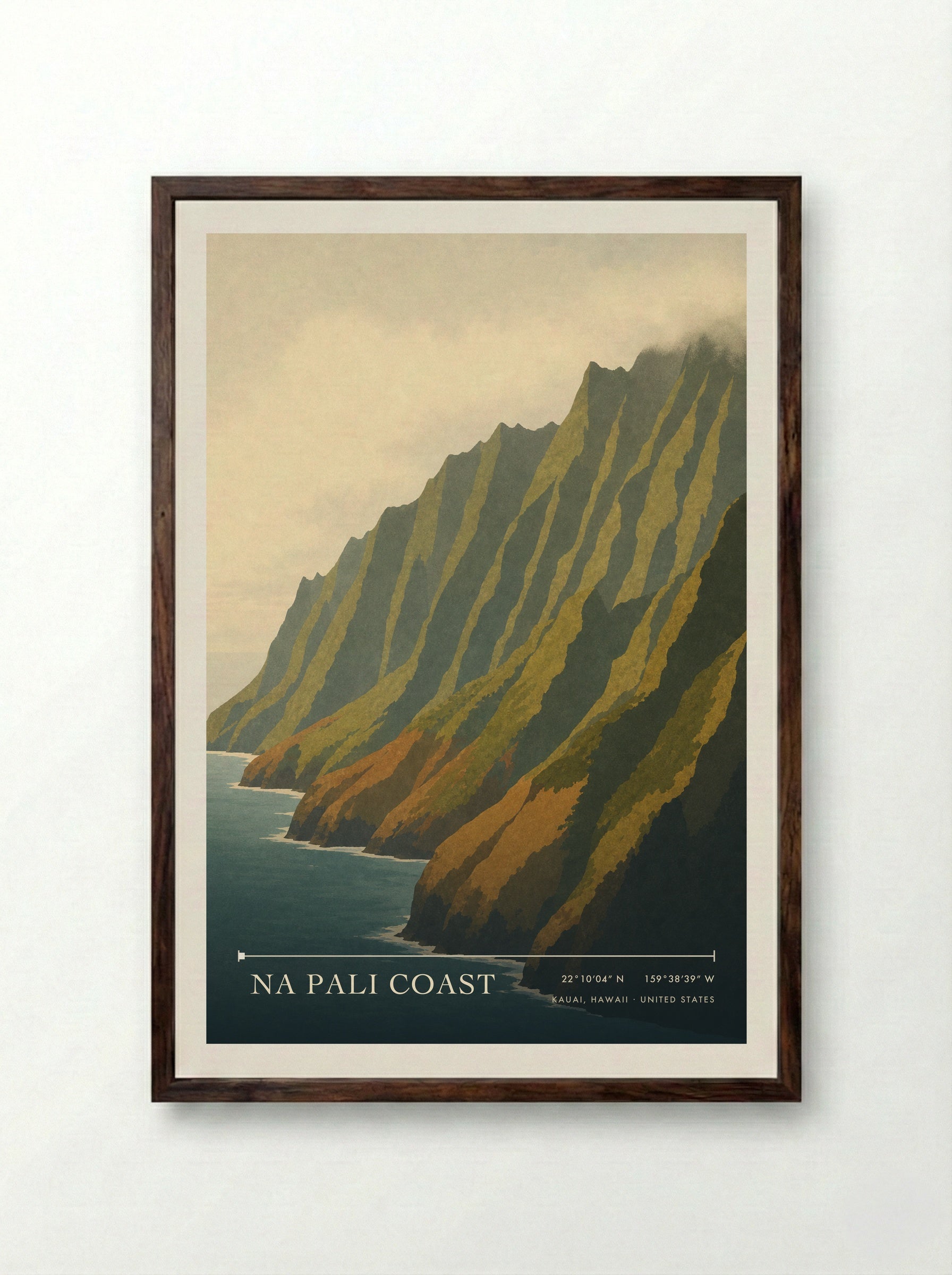Na Pali Coast Travel Poster Artwork - Framed Print Dark Wood