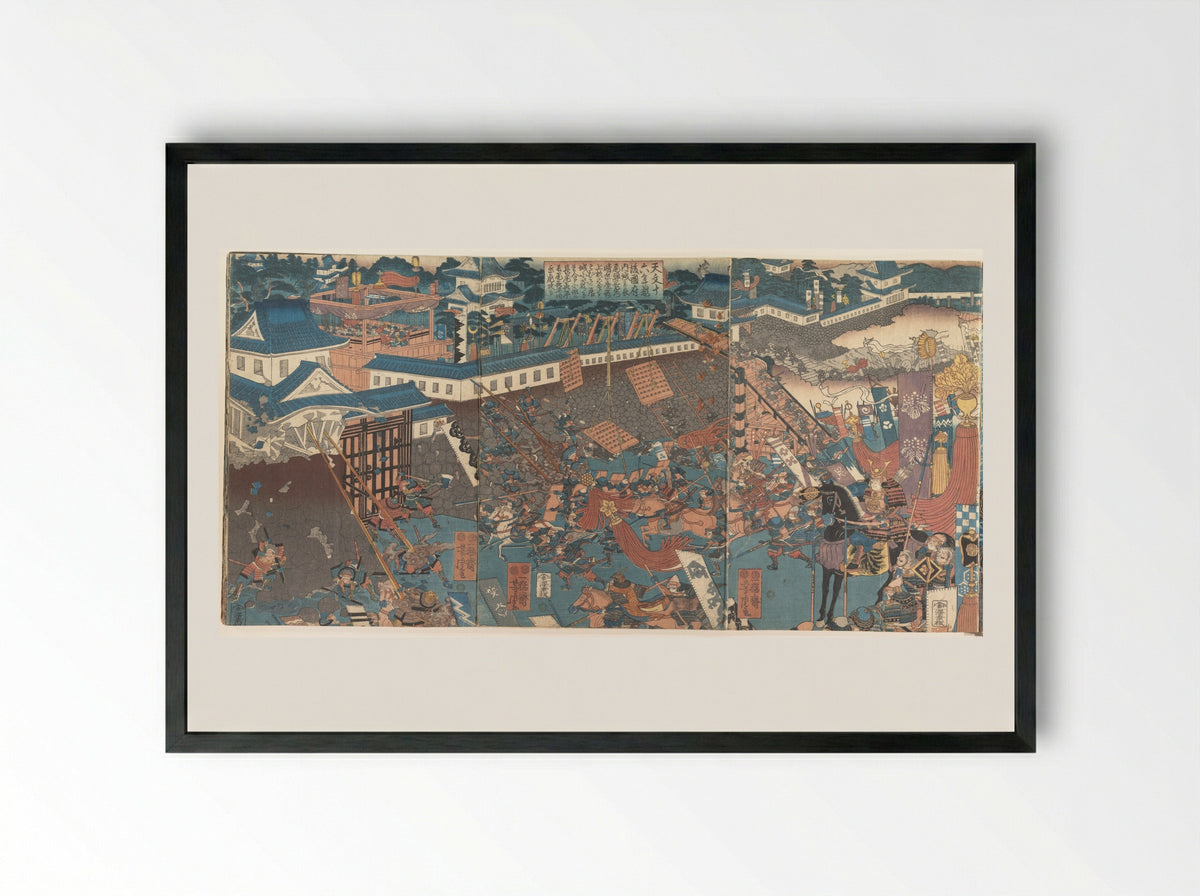 Nagao Kagetora Attacking Nagao Harukage - Utagawa Yoshitora - Framed Print Black