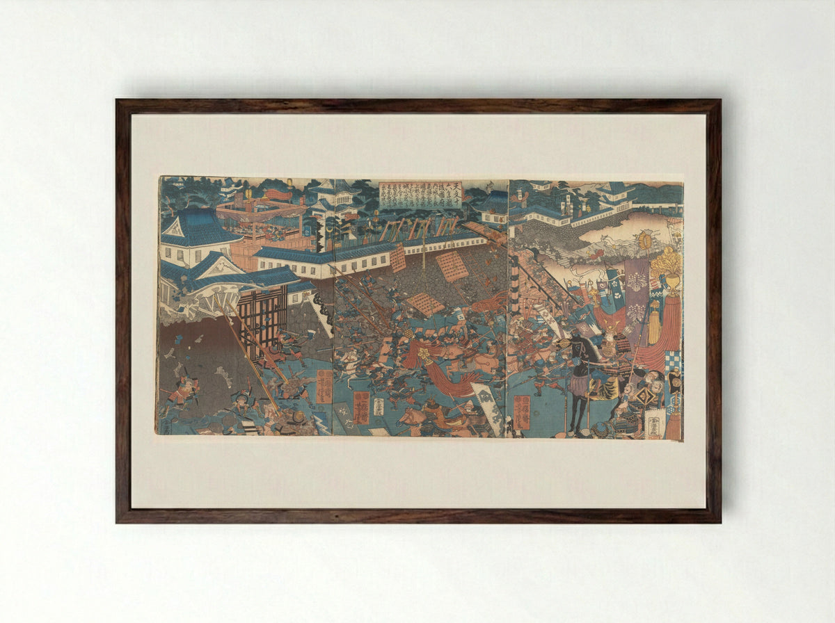 Nagao Kagetora Attacking Nagao Harukage - Utagawa Yoshitora - Framed Print Dark Wood