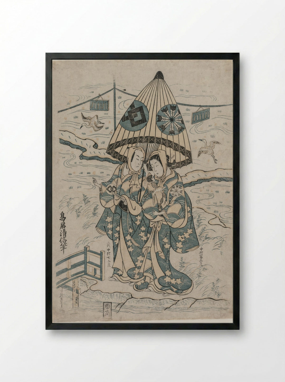 Nakamura Tomijuro and Nakamura Shichisaburo II as the Lovers Agemaki and Sukeroku - Torii Kiyonobu II - Framed Print Black
