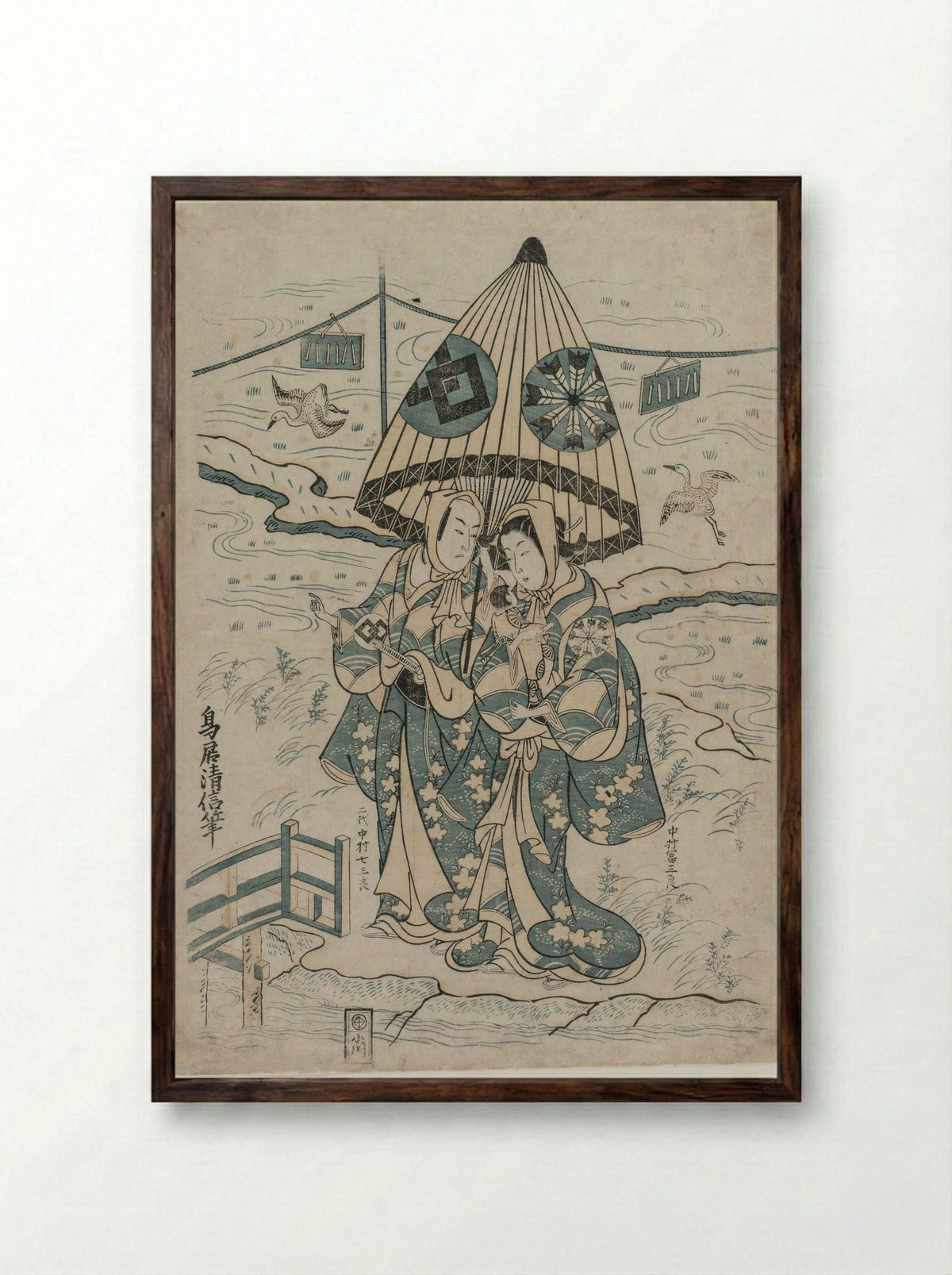 Nakamura Tomijuro and Nakamura Shichisaburo II as the Lovers Agemaki and Sukeroku - Torii Kiyonobu II - Framed Print Dark Wood