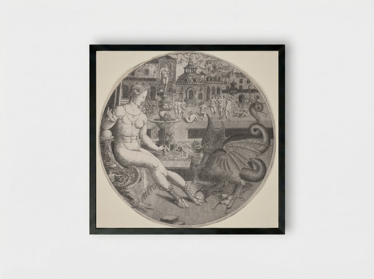 Naked Woman and a Dragon - Allaert Claesz - Framed Print Black