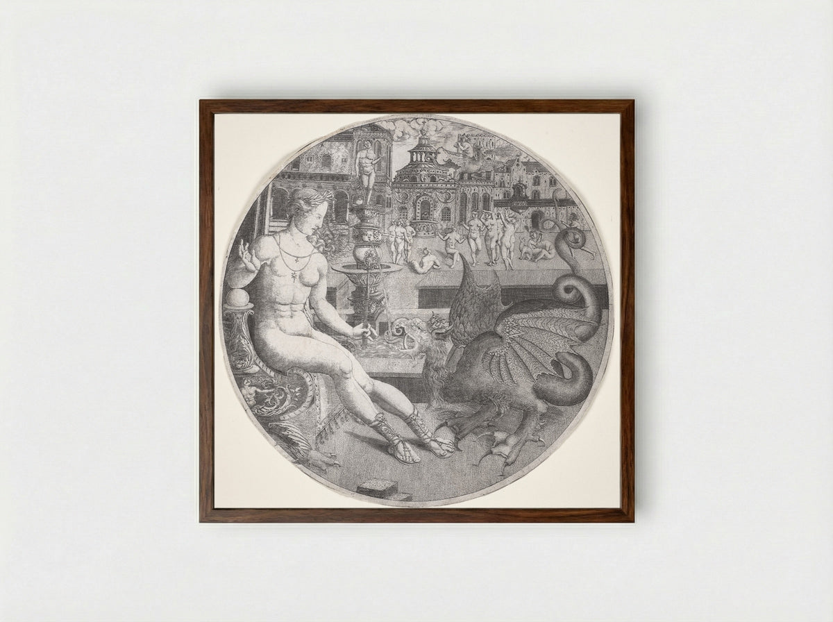 Naked Woman and a Dragon - Allaert Claesz - Framed Print Dark Wood