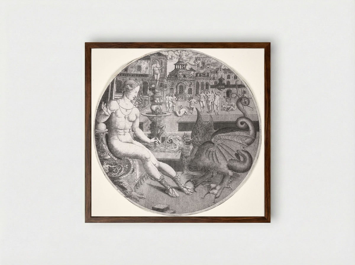 Naked Woman and a Dragon - Allaert Claesz - Framed Print Dark Wood