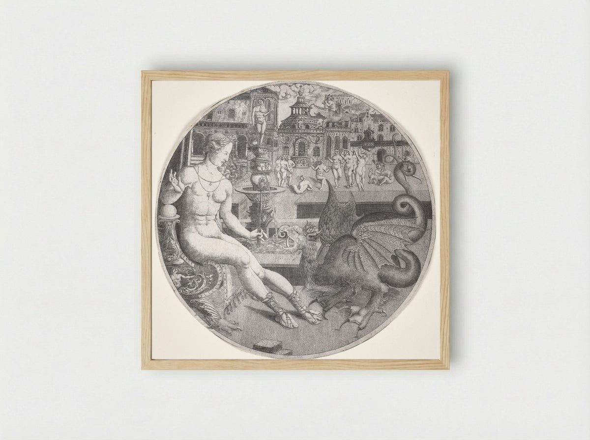 Naked Woman and a Dragon - Allaert Claesz - Framed Print Wood
