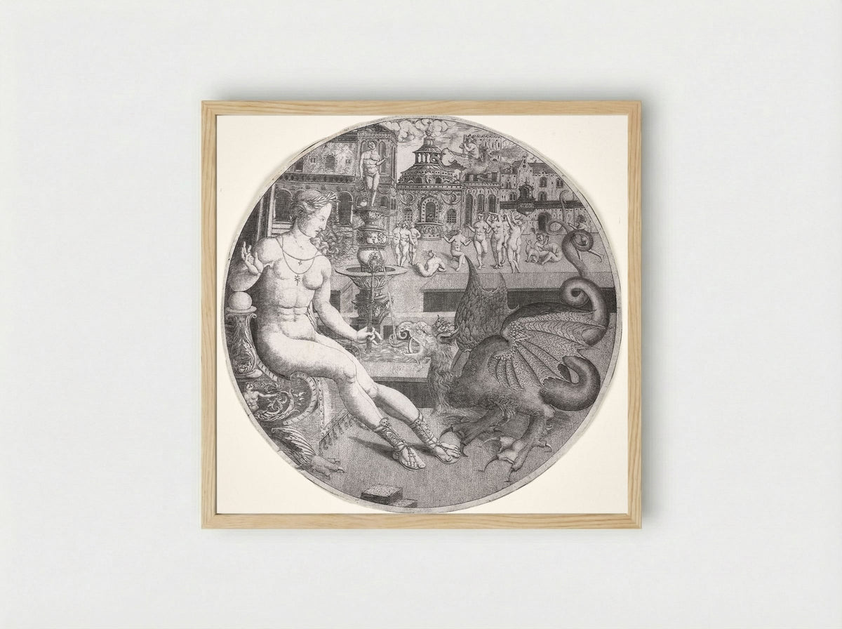 Naked Woman and a Dragon - Allaert Claesz - Framed Print Wood