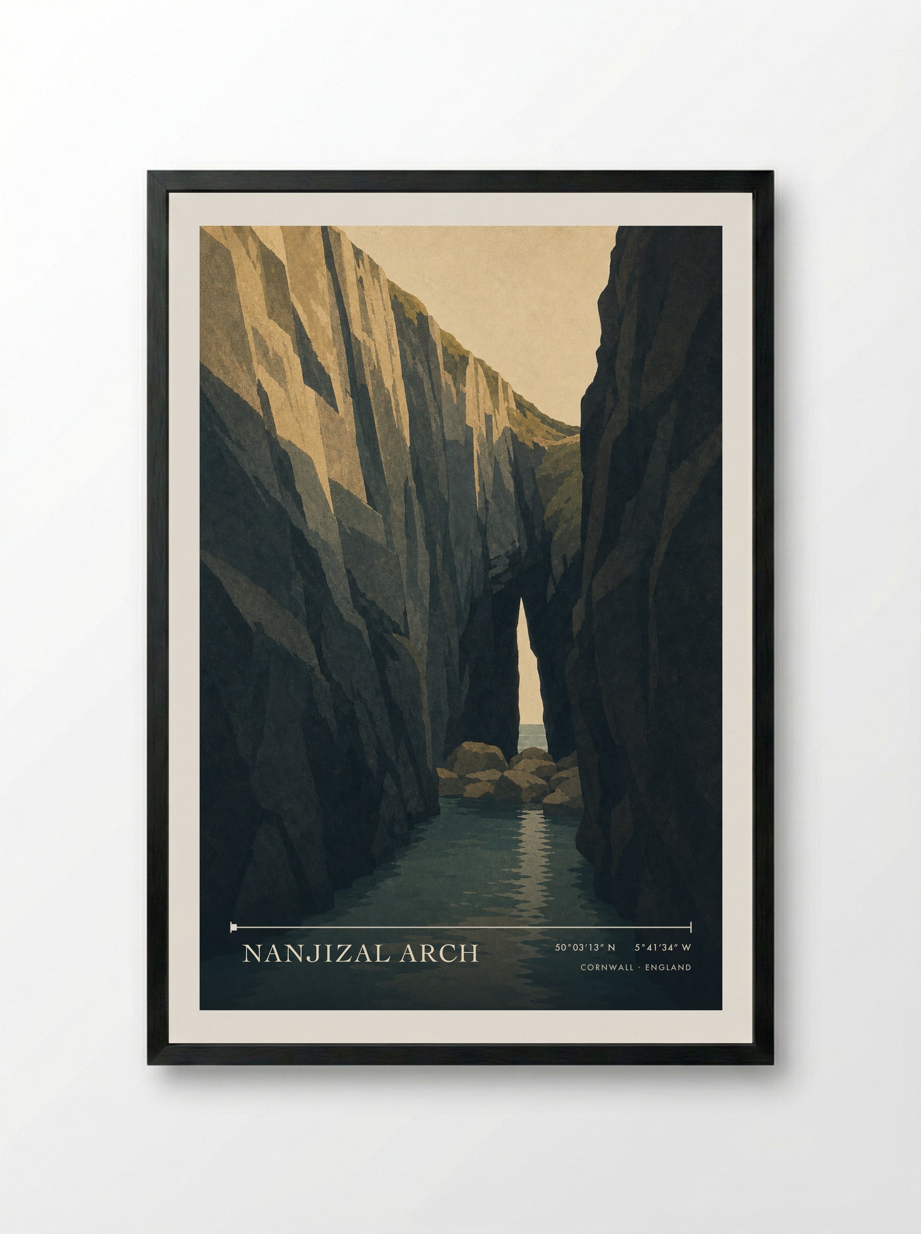 Nanjizal Arch Cornwall England Travel Poster - Framed Print Black