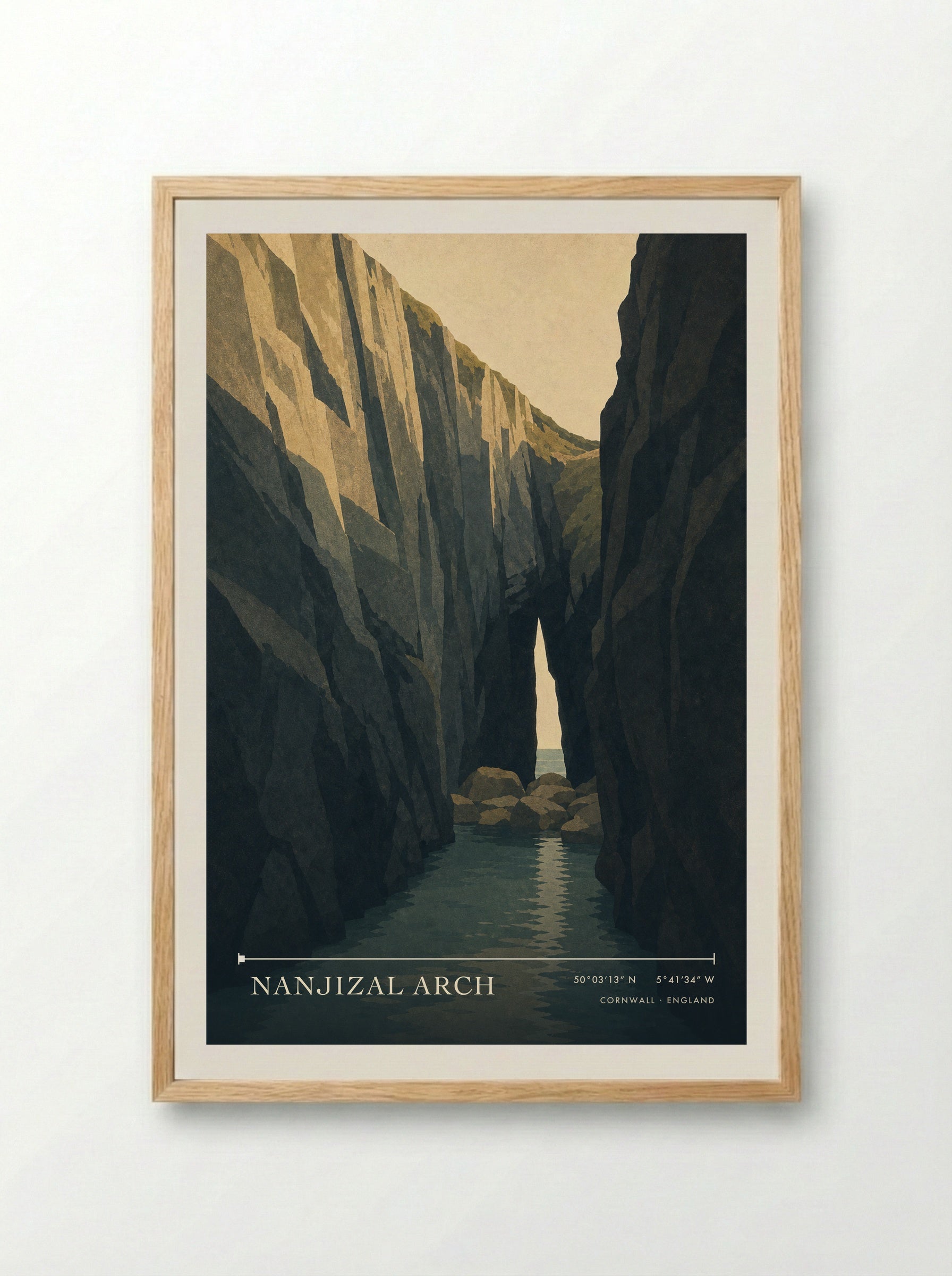 Nanjizal Arch Cornwall England Travel Poster - Framed Print Wood