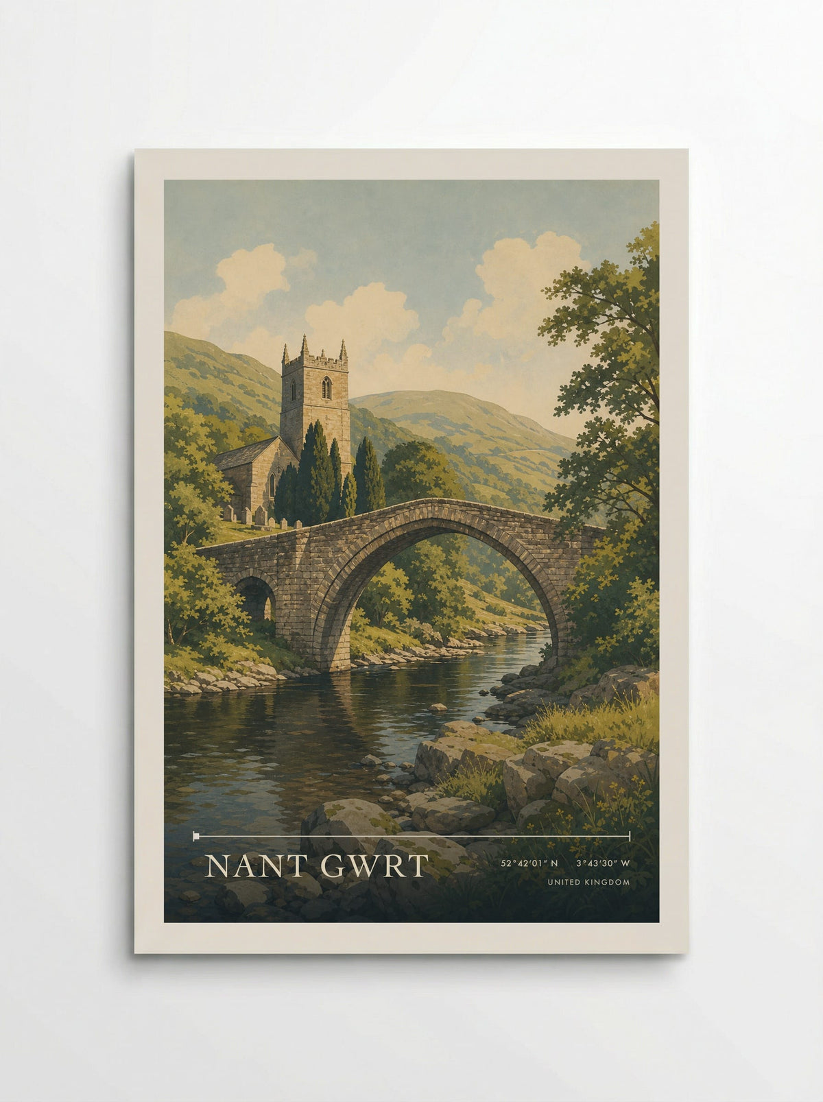 Nant Gwrt travel poster: a stone arch bridge, riverside church tower and a lush green mountain valley