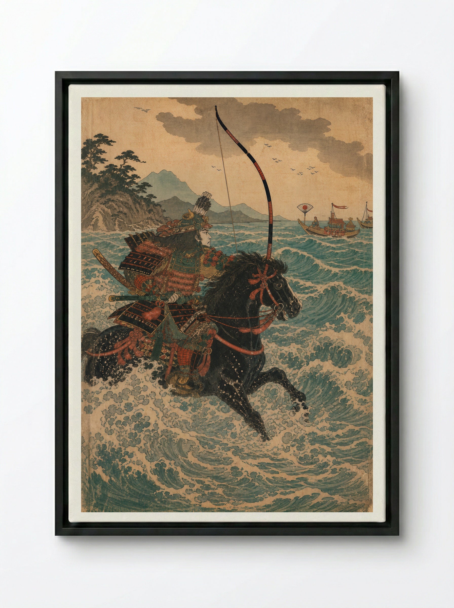 Nasu no Yoichi at Yashima: Riding Into the Surf - Framed Canvas Black