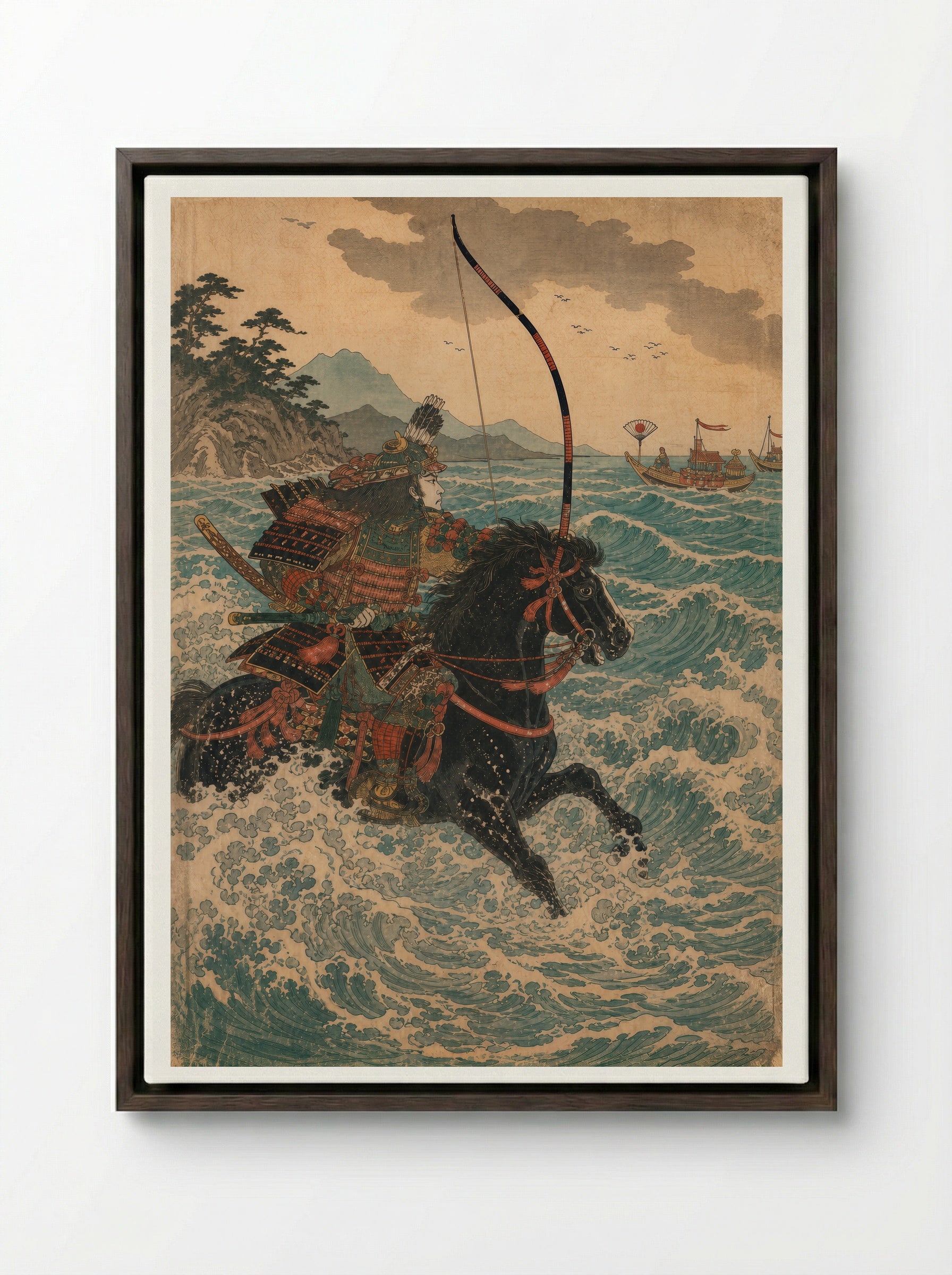 Nasu no Yoichi at Yashima: Riding Into the Surf - Framed Canvas Dark Wood