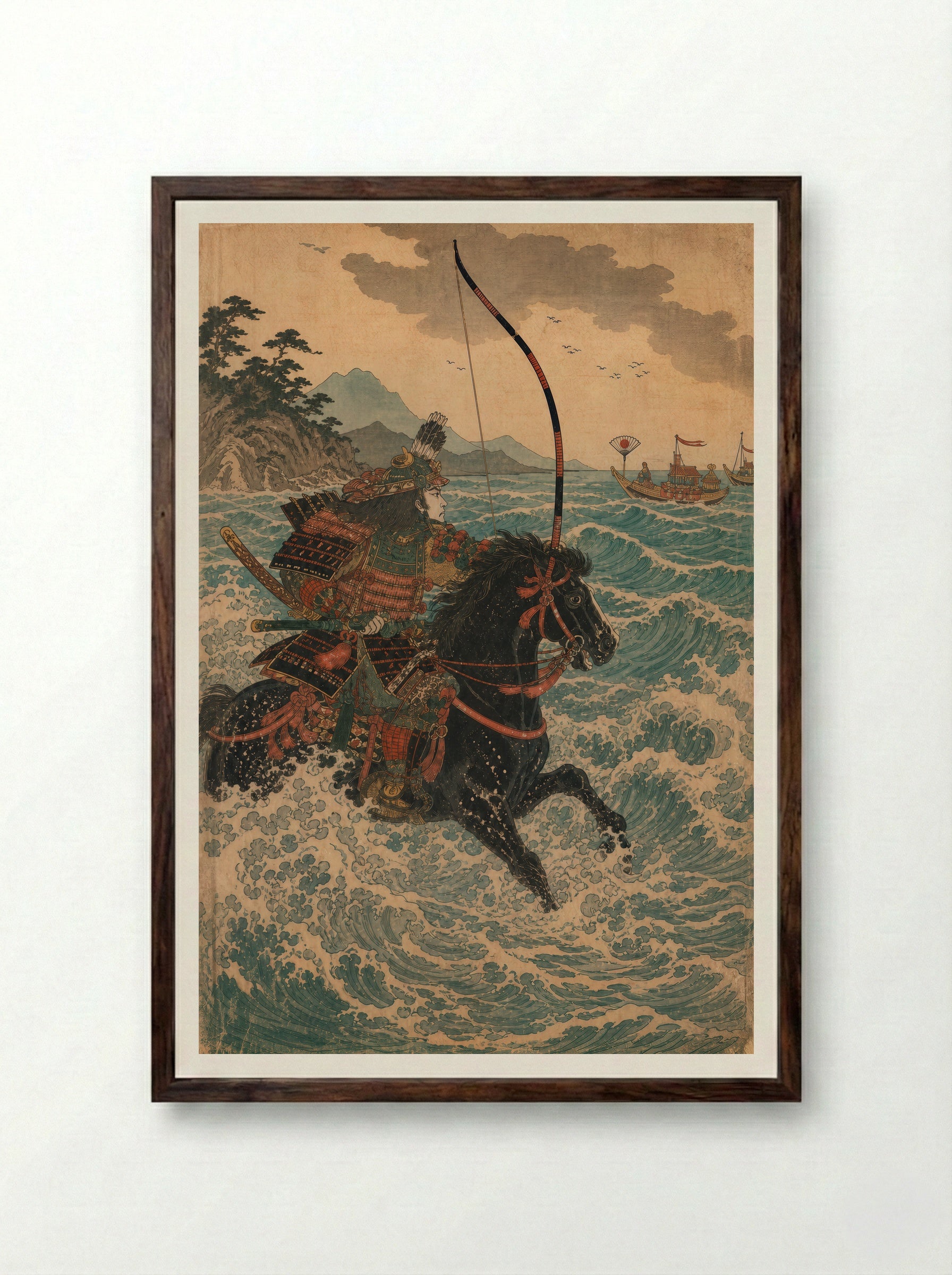 Nasu no Yoichi at Yashima: Riding Into the Surf - Framed Print Dark Wood