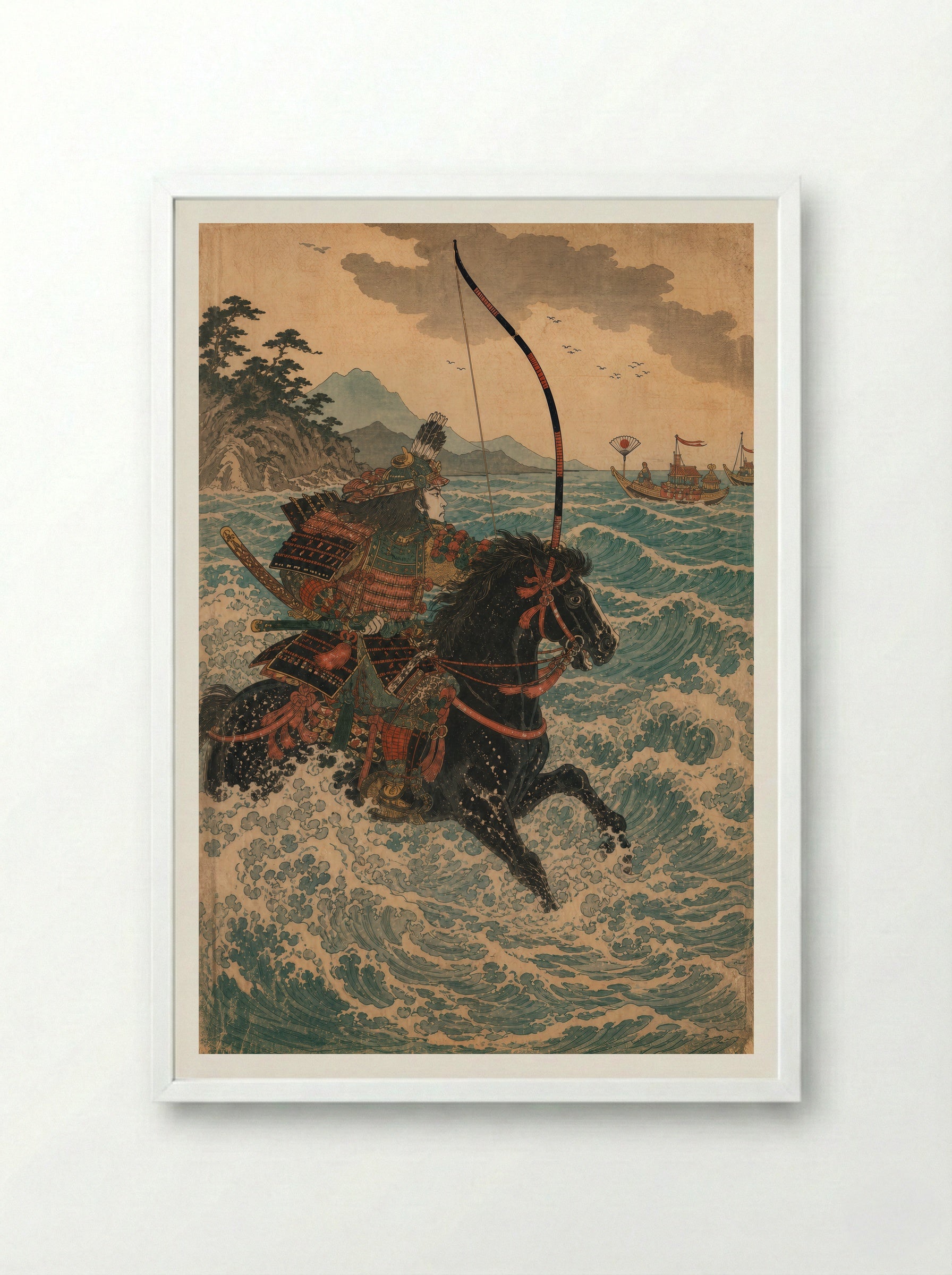 Nasu no Yoichi at Yashima: Riding Into the Surf - Framed Print White