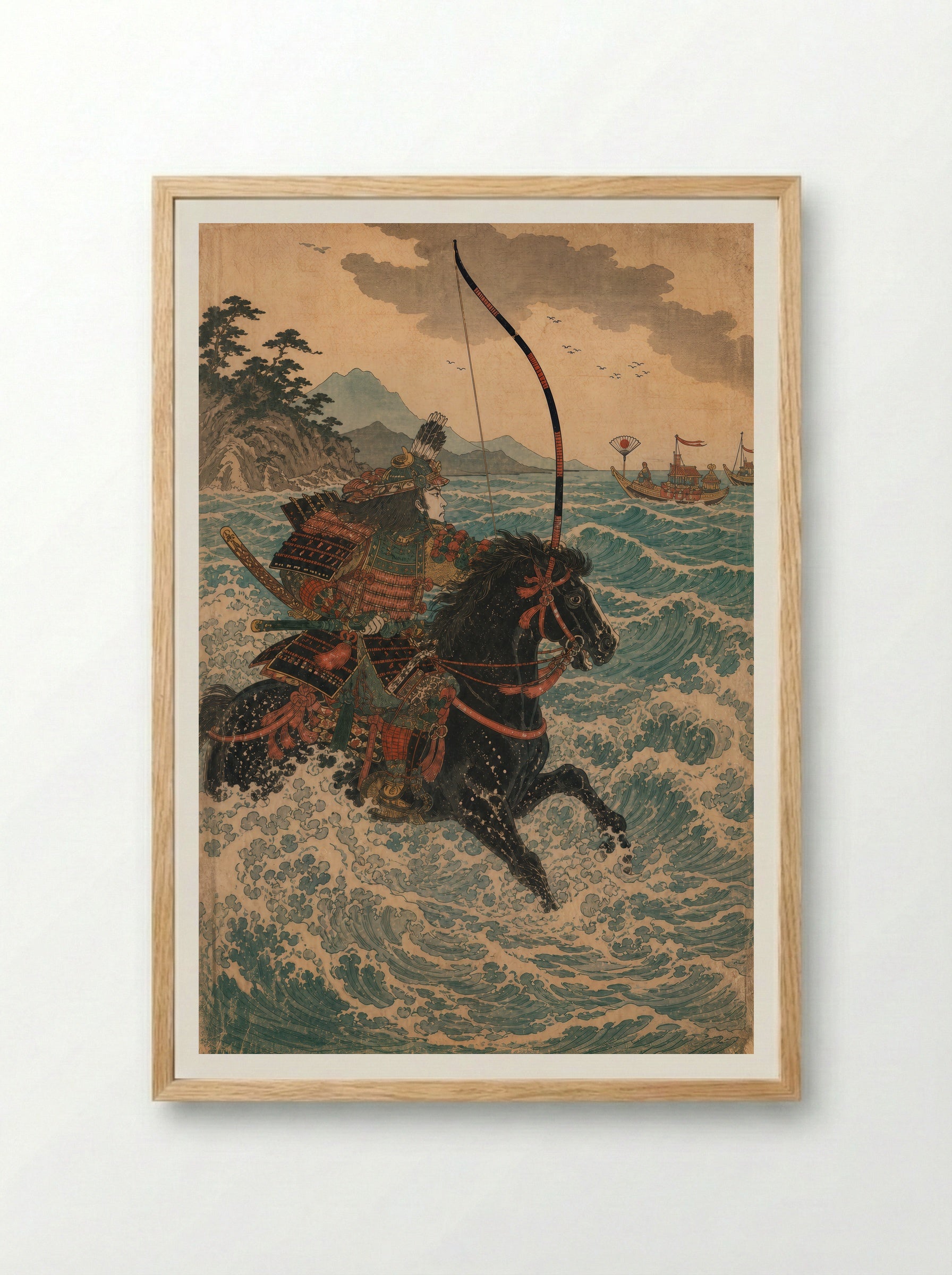 Nasu no Yoichi at Yashima: Riding Into the Surf - Framed Print Wood