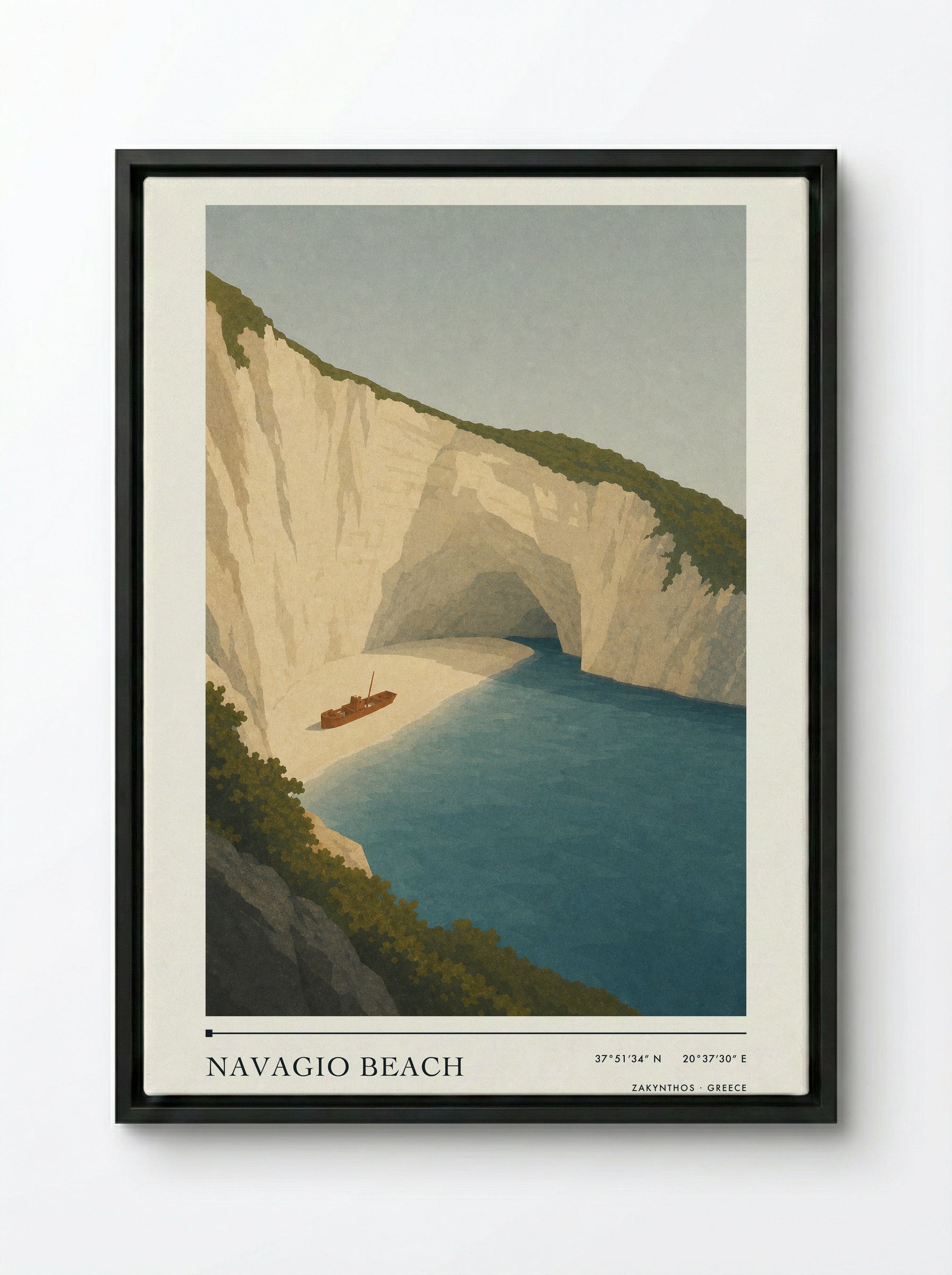 Navagio Beach Travel Poster Artwork - Framed Canvas Black