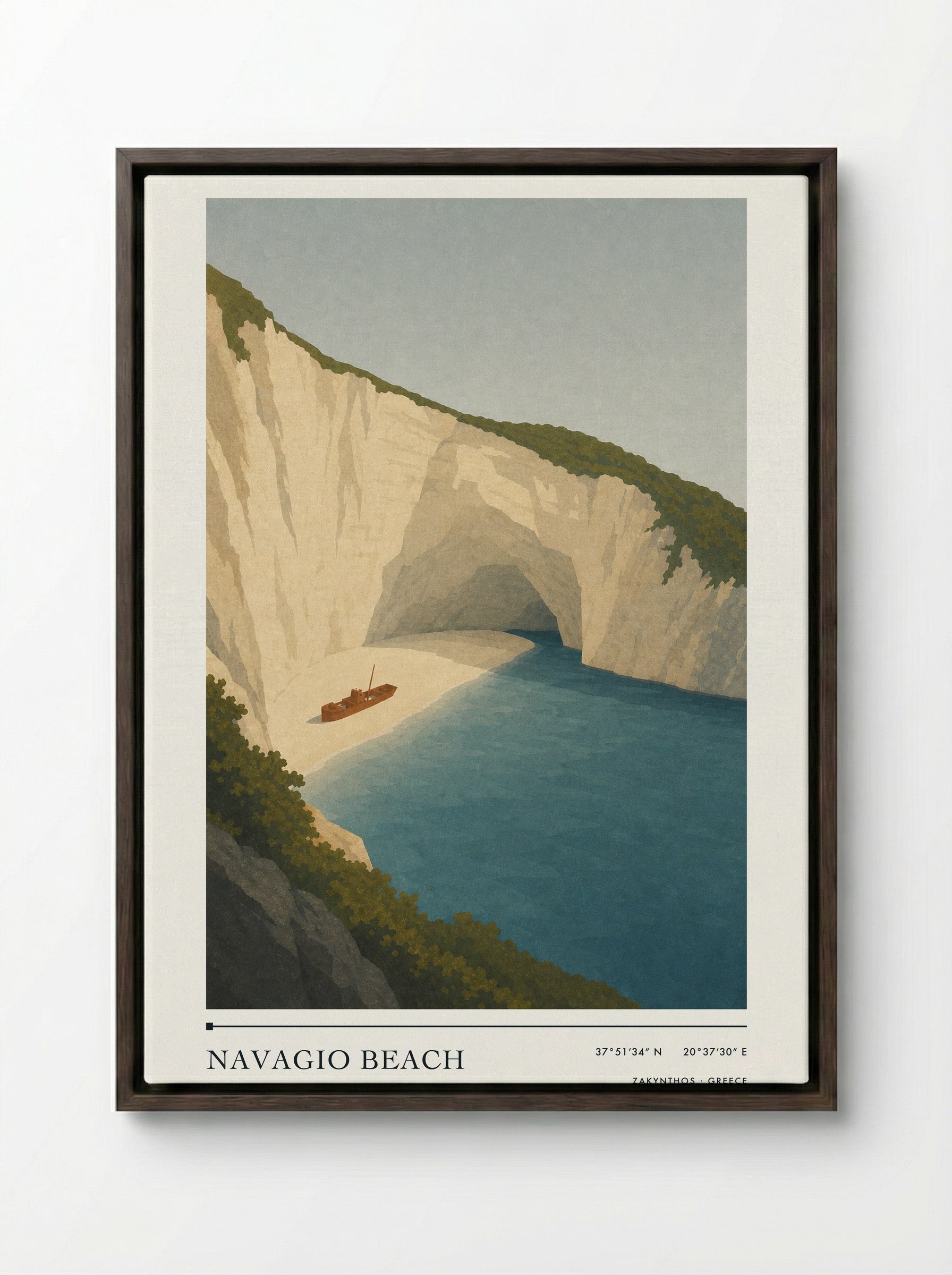 Navagio Beach Travel Poster Artwork - Framed Canvas Dark Wood