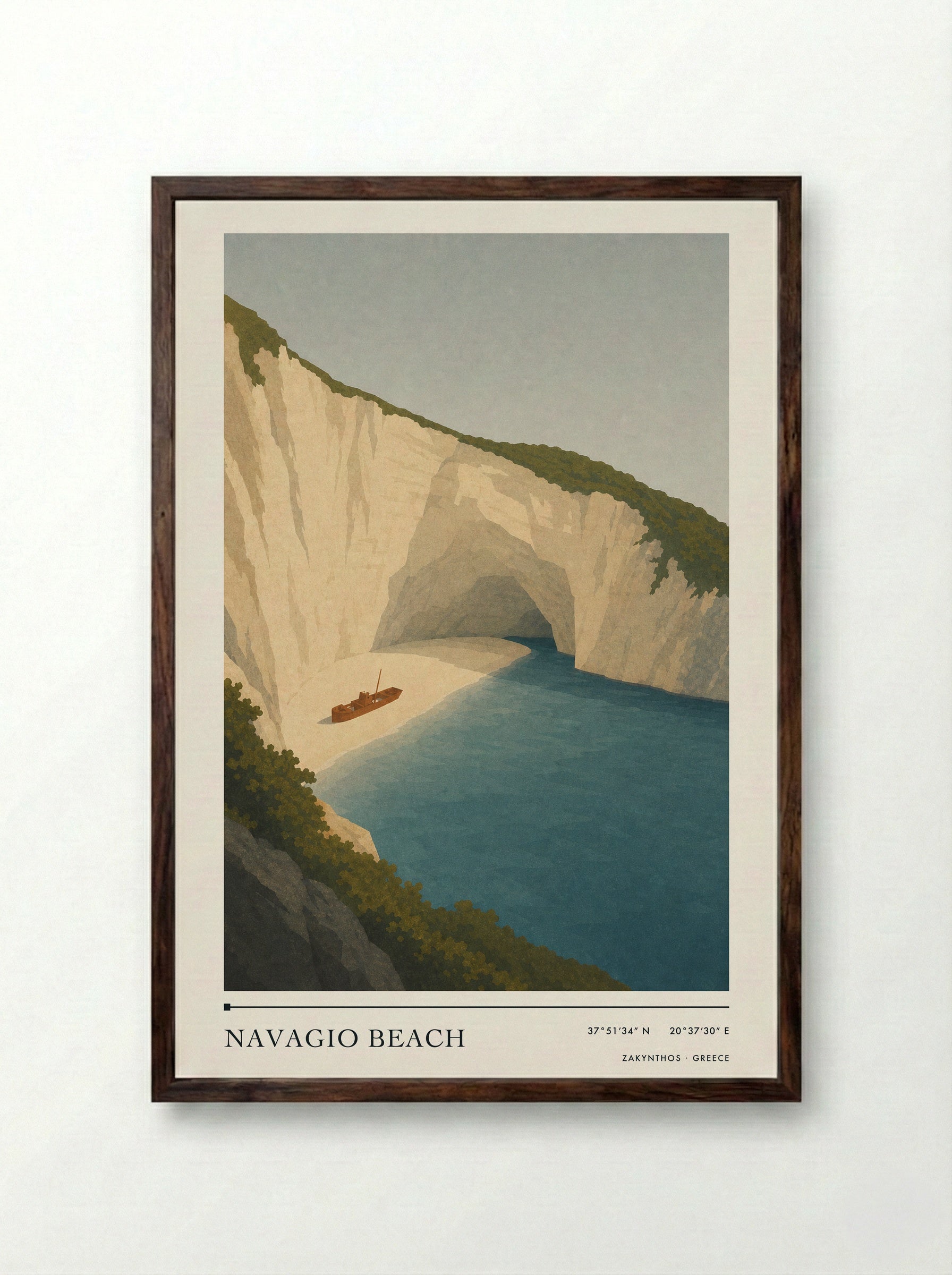 Navagio Beach Travel Poster Artwork - Framed Print Dark Wood