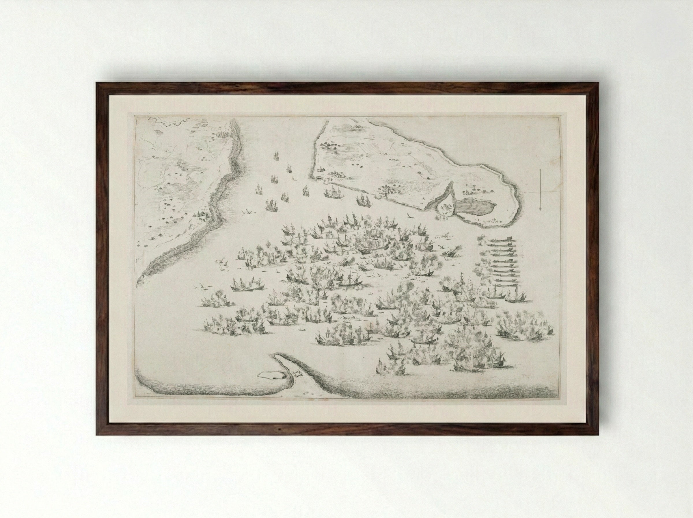 Naval Battle at La Rochelle - Stefano Della Bella - Framed Print Dark Wood