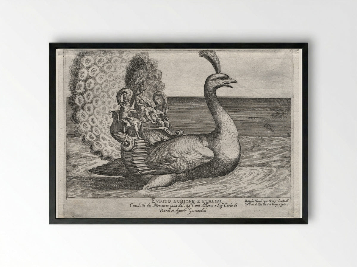 Naval Combat Represented on the Arno River: Evrito, Echione, and Etalide - Remigio Cantagallina - Framed Print Black