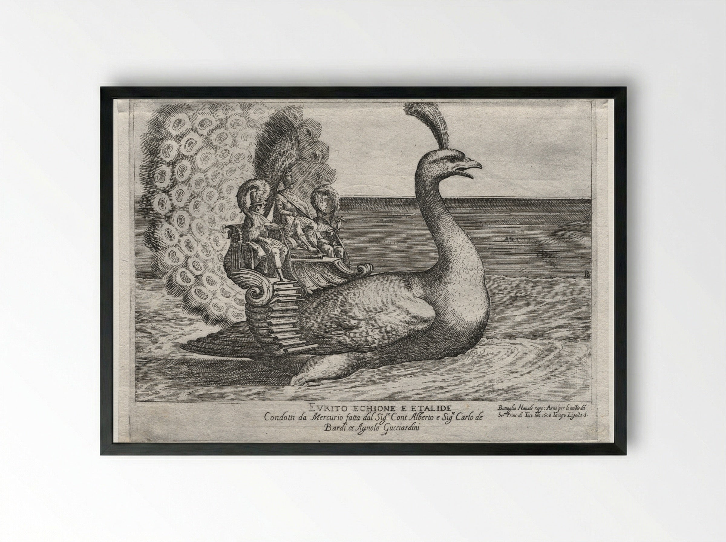 Naval Combat Represented on the Arno River: Evrito, Echione, and Etalide - Remigio Cantagallina - Framed Print Black