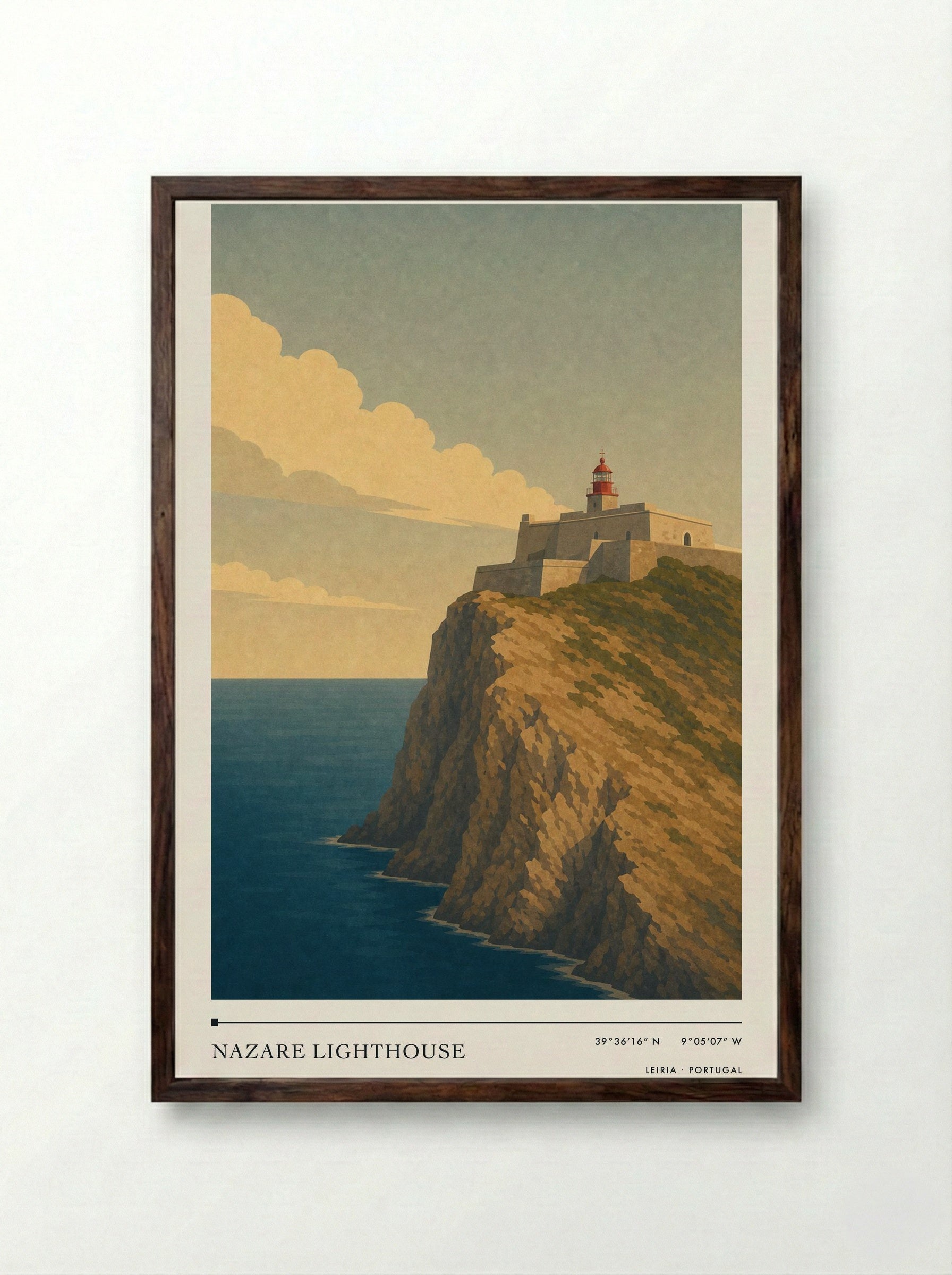 Nazare Lighthouse Travel Poster Artwork - Framed Print Dark Wood