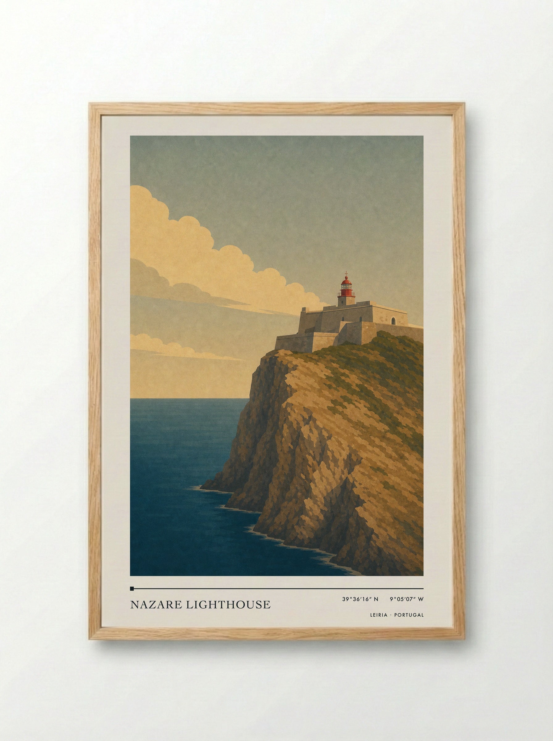 Nazare Lighthouse Travel Poster Artwork - Framed Print Wood