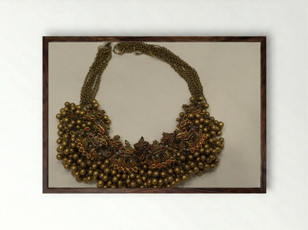 Necklace with Embellished Amulet Forms - Fine Art Print - Framed Print Dark Wood