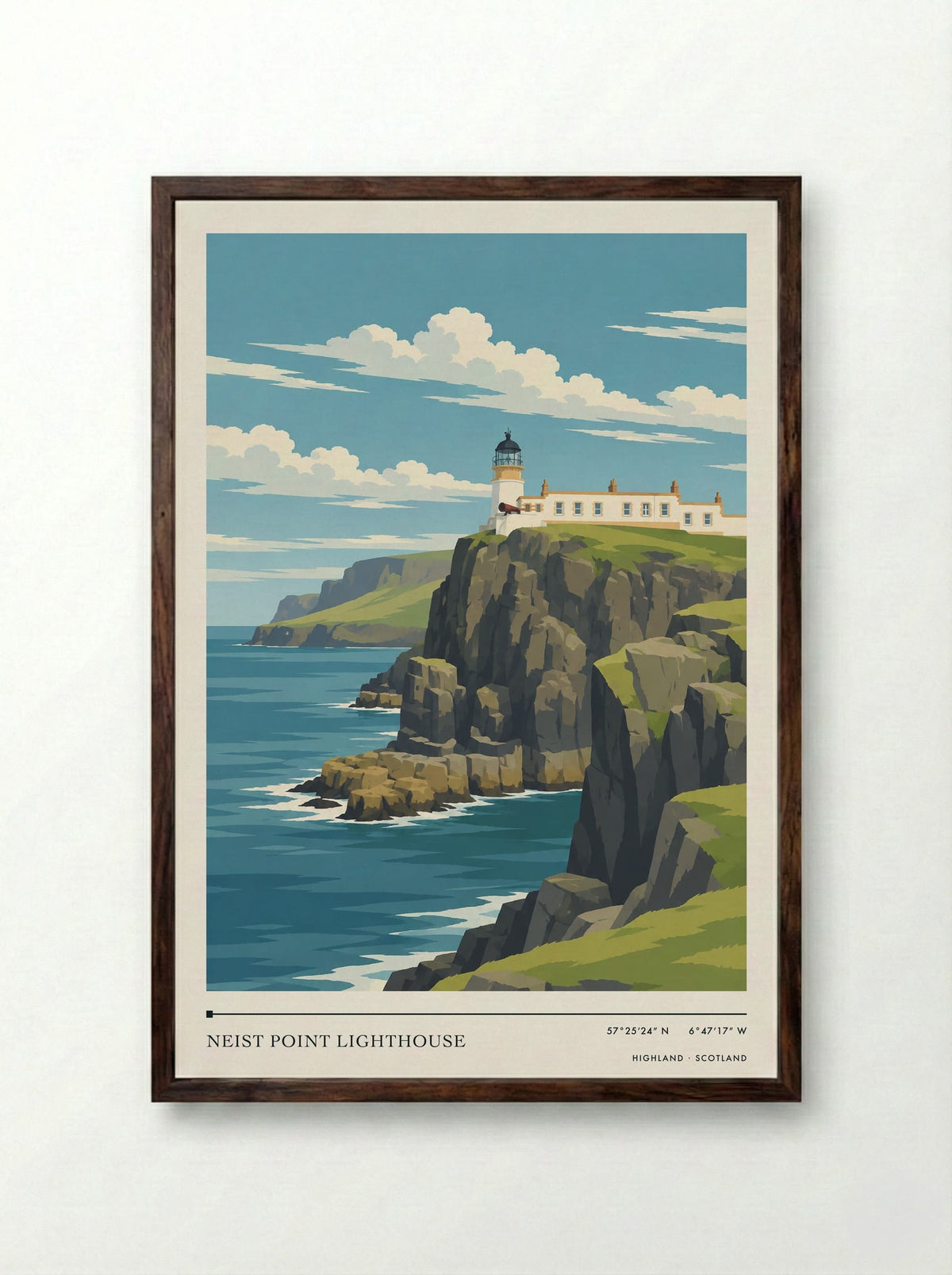 Neist Point Lighthouse, Highland | Travel Poster - Framed Print Dark Wood
