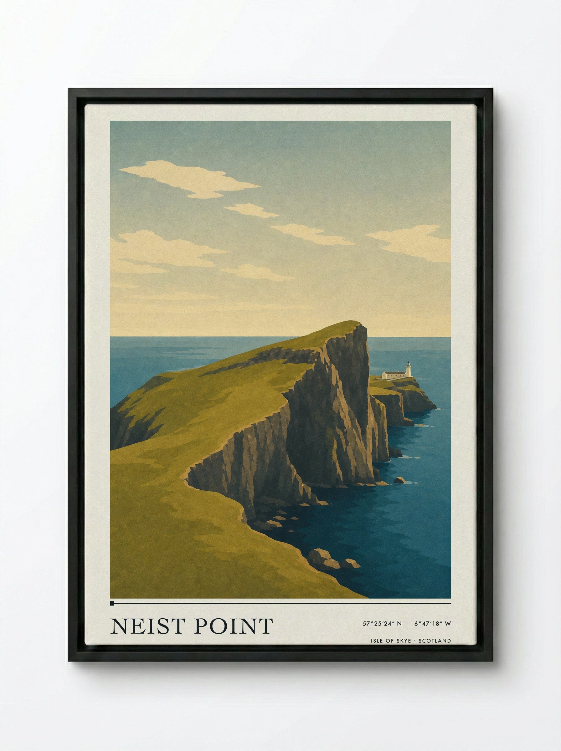 Neist Point Travel Poster Artwork - Framed Canvas Black