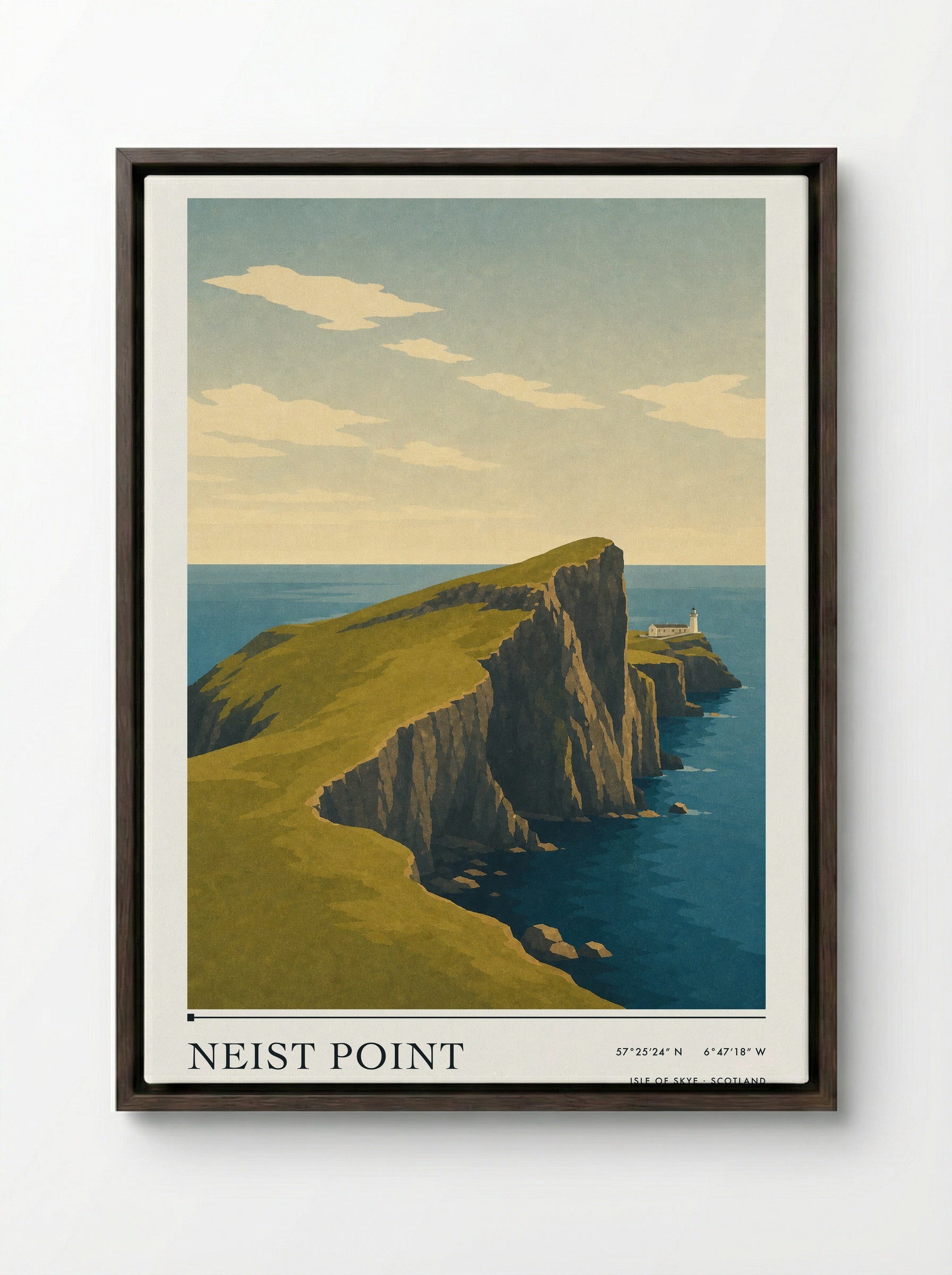 Neist Point Travel Poster Artwork - Framed Canvas Dark Wood