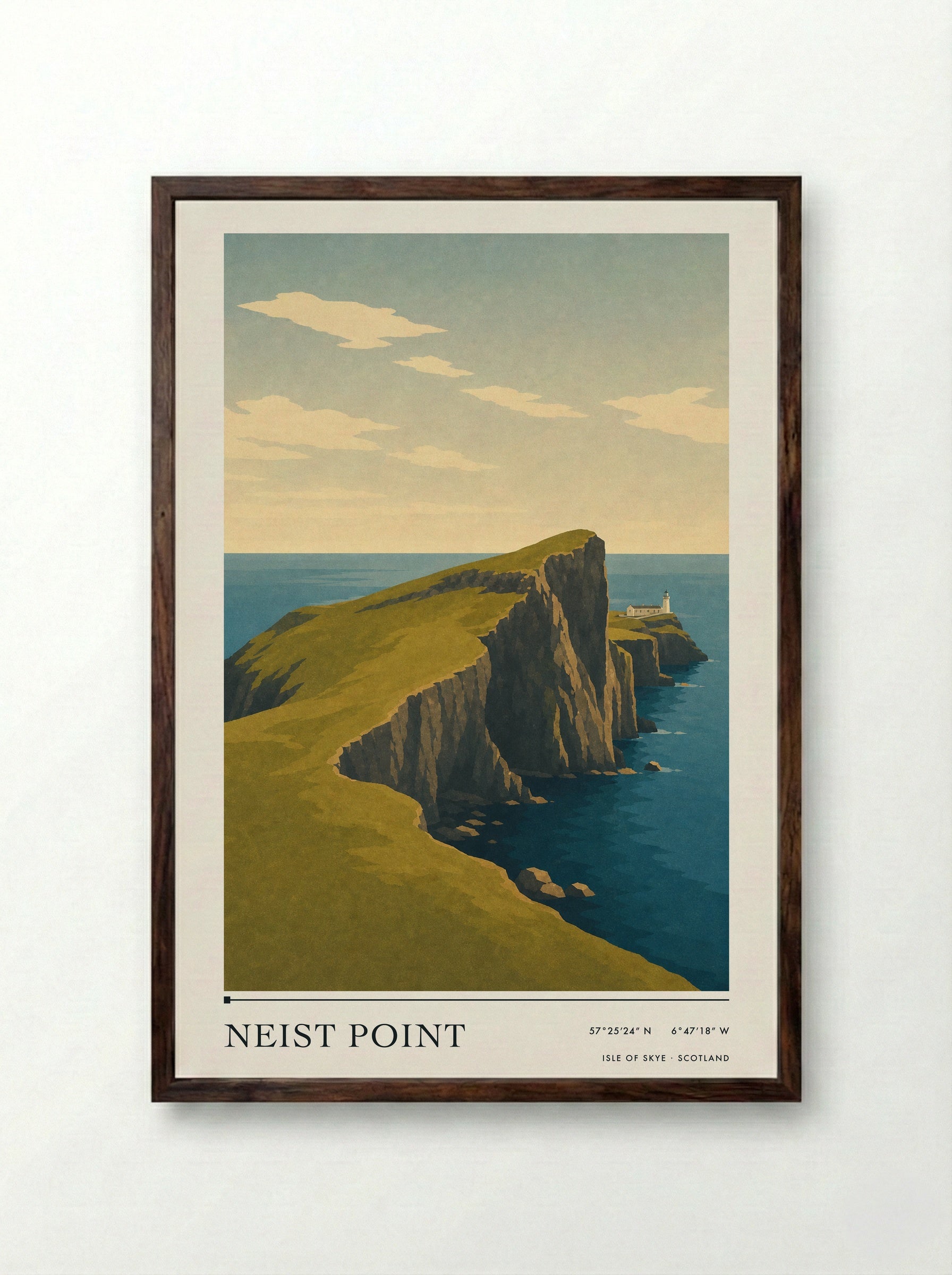 Neist Point Travel Poster Artwork - Framed Print Dark Wood