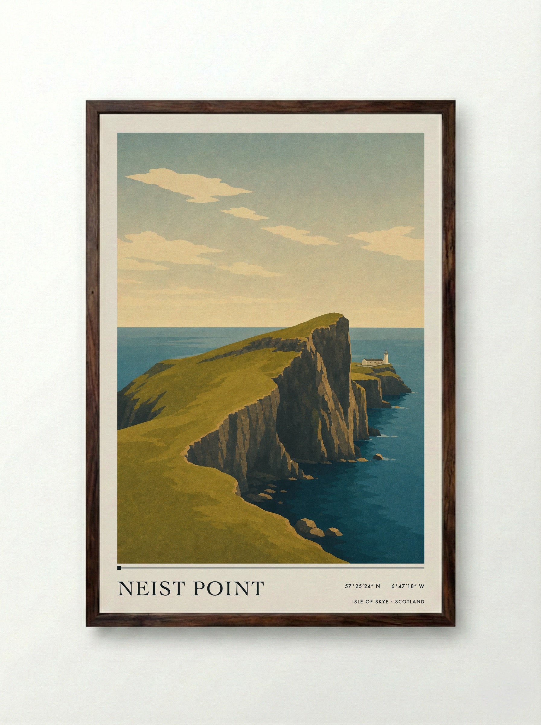 Neist Point Travel Poster Artwork - Framed Print Dark Wood