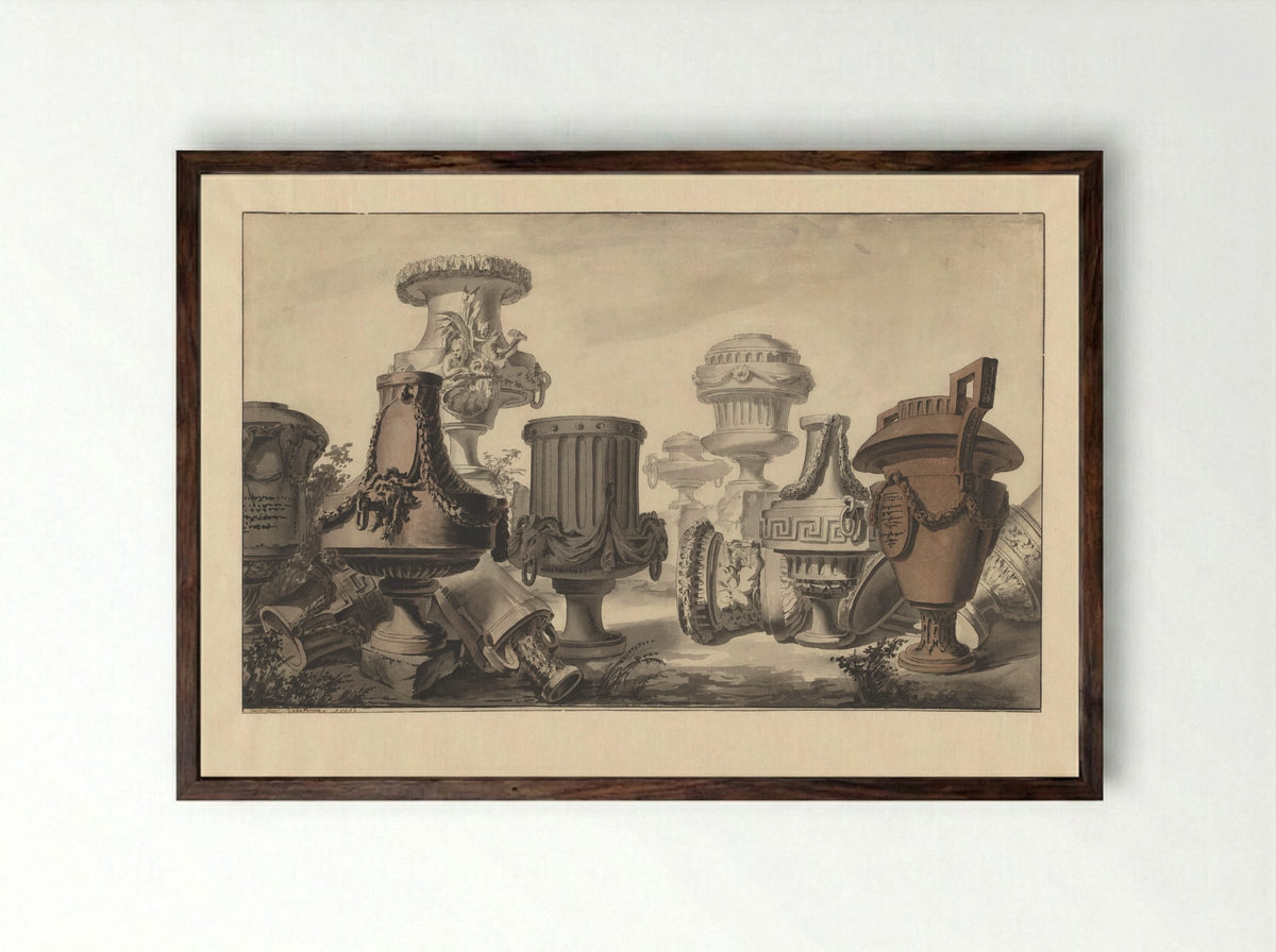 Neo-classical Vases in a Landscape - Jean Charles Delafosse - Framed Print Dark Wood