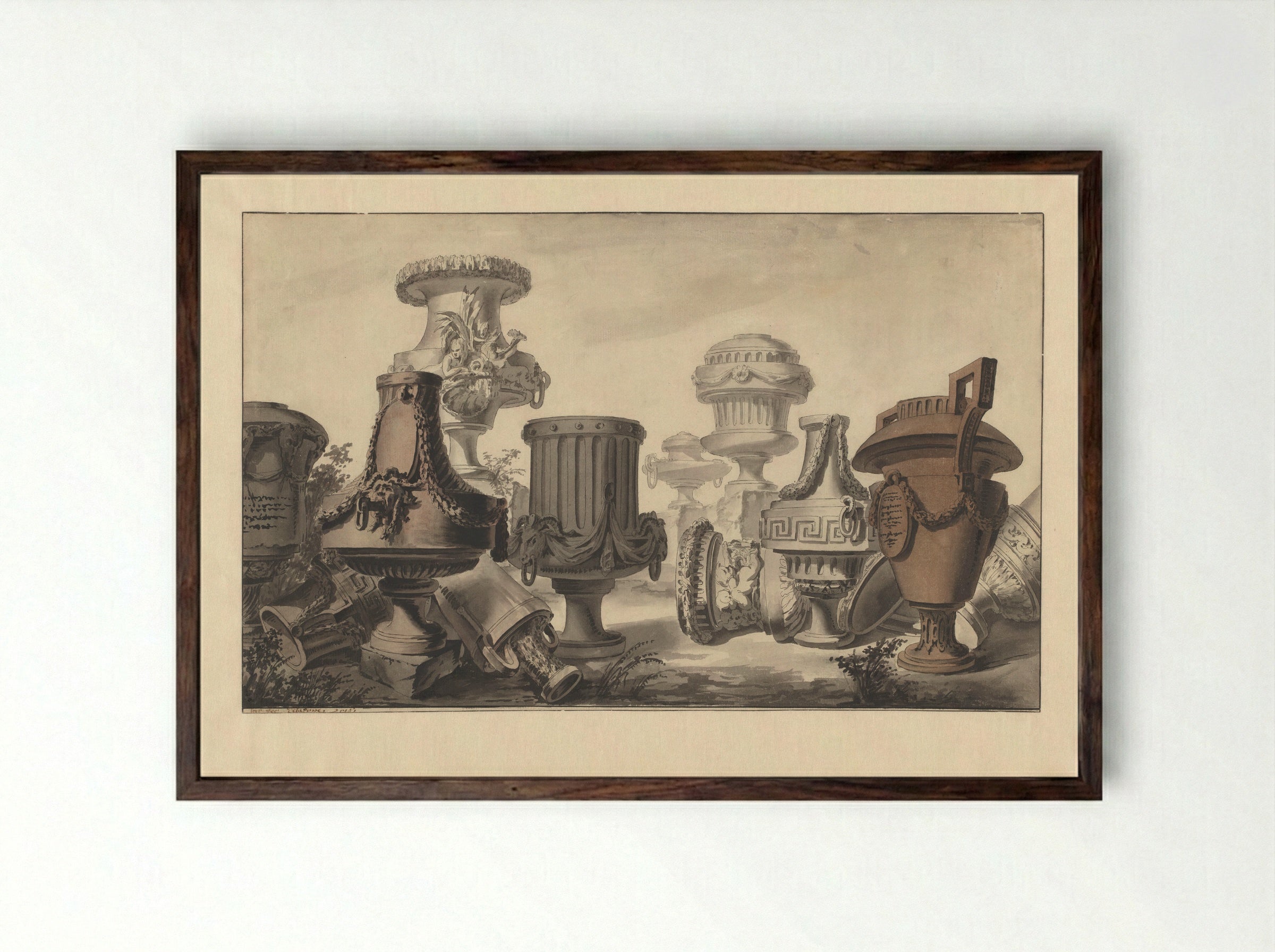 Neo-classical Vases in a Landscape - Jean Charles Delafosse - Framed Print Dark Wood