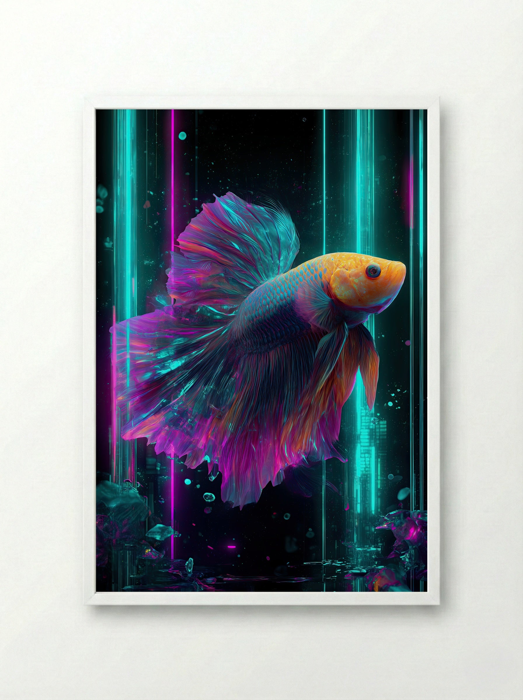 Neon Betta No.1 – Radiant Glowfish in Cyan & Magenta - Framed Print White