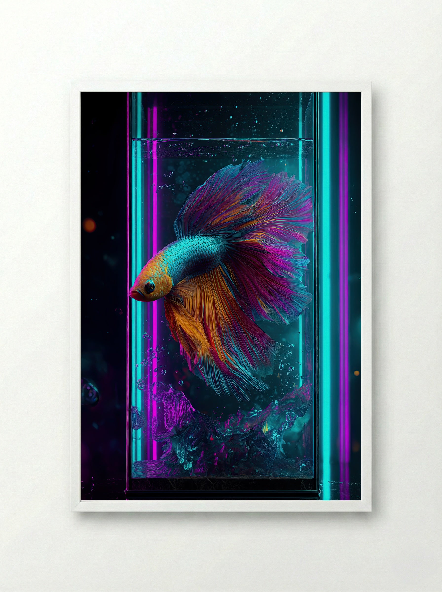 Neon Betta No.2 – Electric Blue Betta in Chromatic Tank - Framed Print White