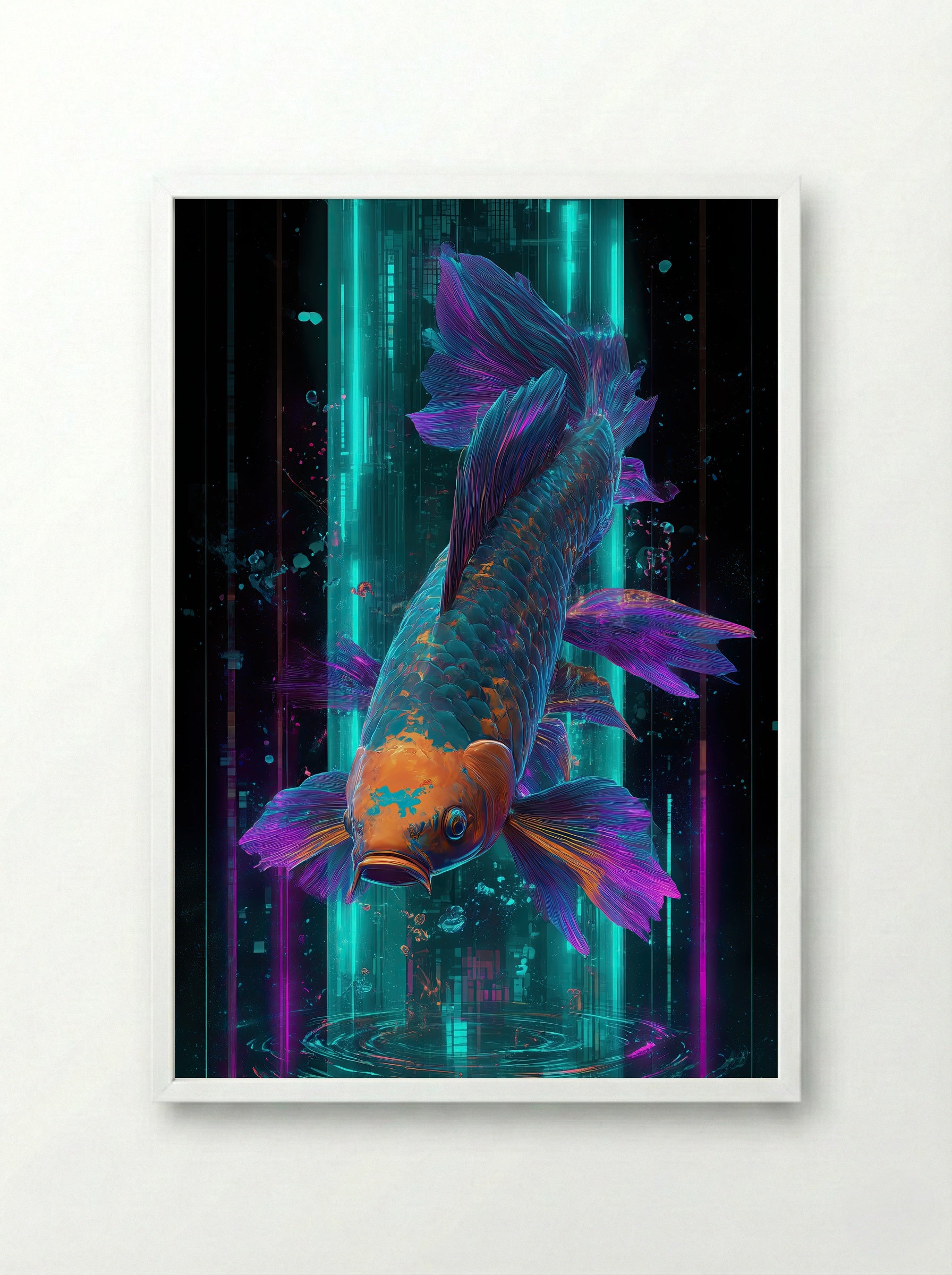 Neon Koi No.1 – Electric Teal & Violet Holographic Print - Framed Print White