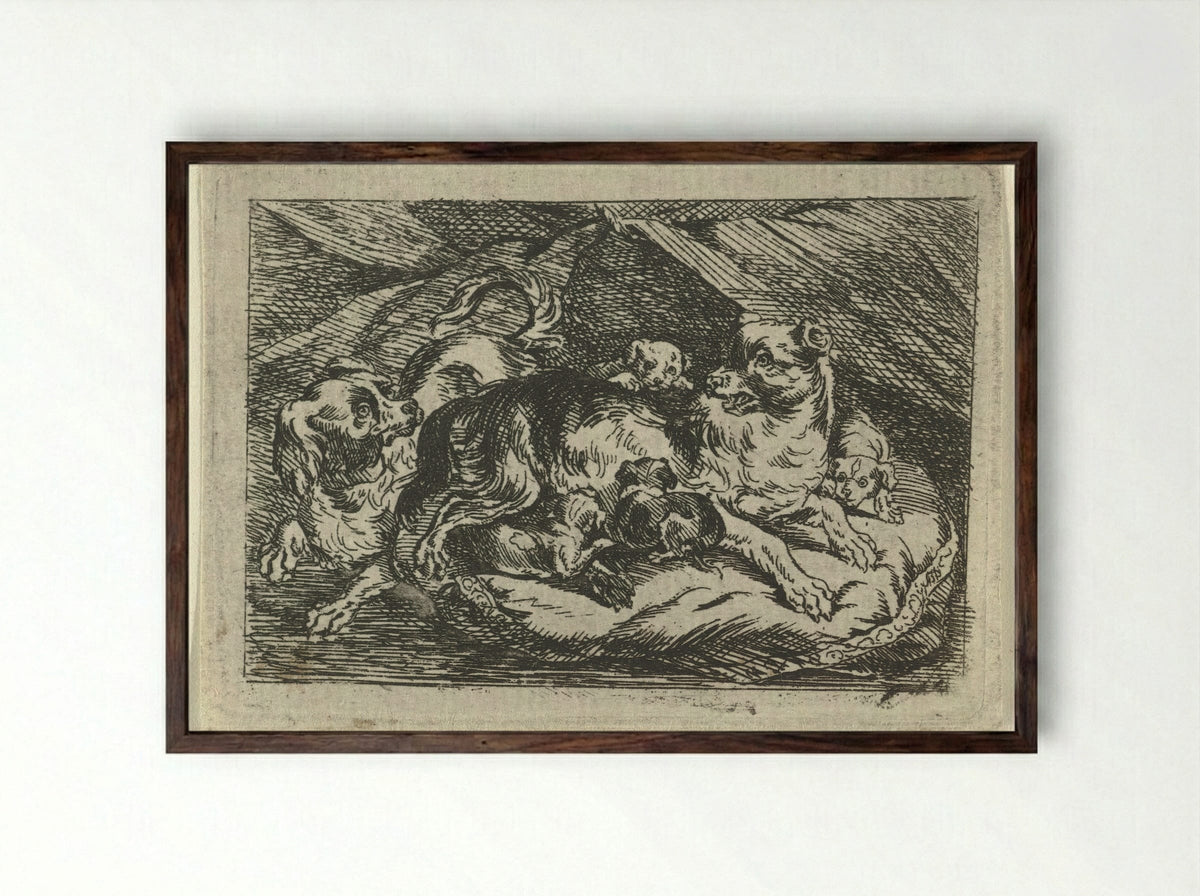 Nest met jonge hondjes - Tethart Philip Christian Haag - Framed Print Dark Wood