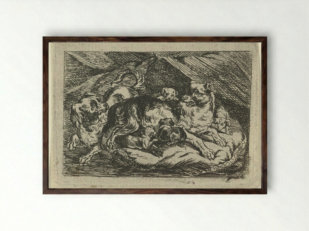 Nest met jonge hondjes - Tethart Philip Christian Haag - Framed Print Dark Wood