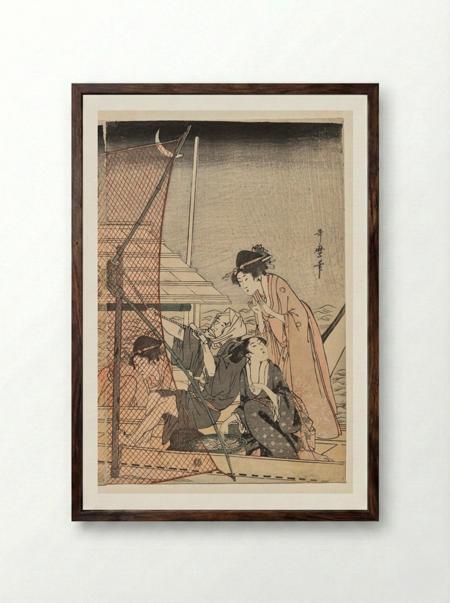 Net Fishing at Night - Kitagawa Utamaro - Framed Print Dark Wood