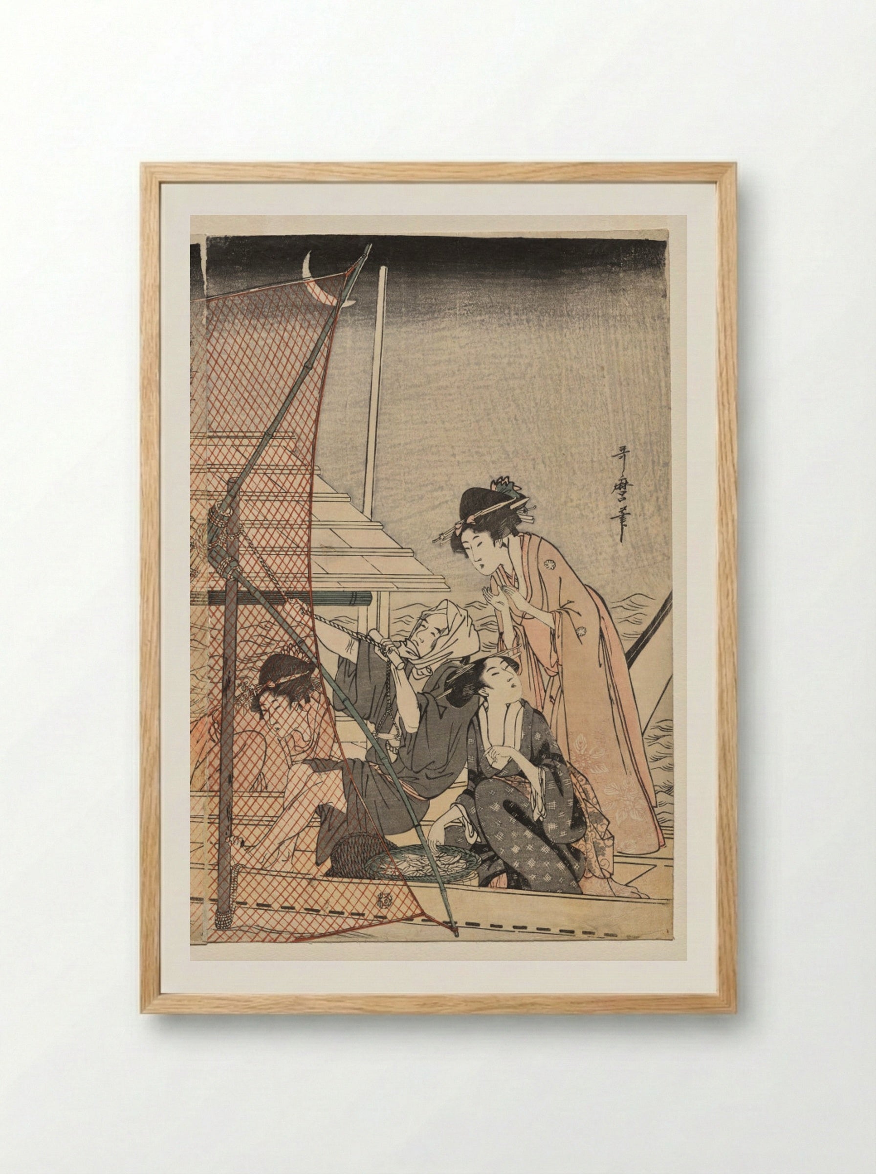 Net Fishing at Night - Kitagawa Utamaro - Framed Print Wood