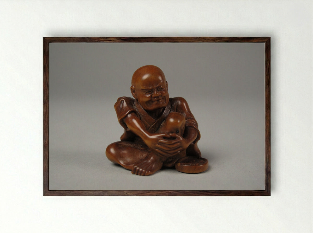 Netsuke (Seated Figure with Bowl) - Fine Art Print - Framed Print Dark Wood