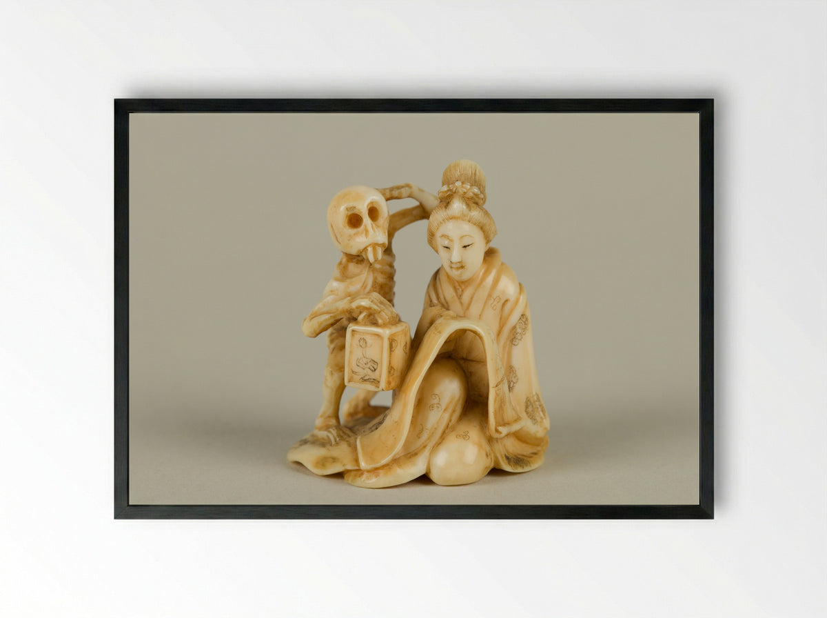 Netsuke (Woman and Skeleton) - Fine Art Print - Framed Print Black