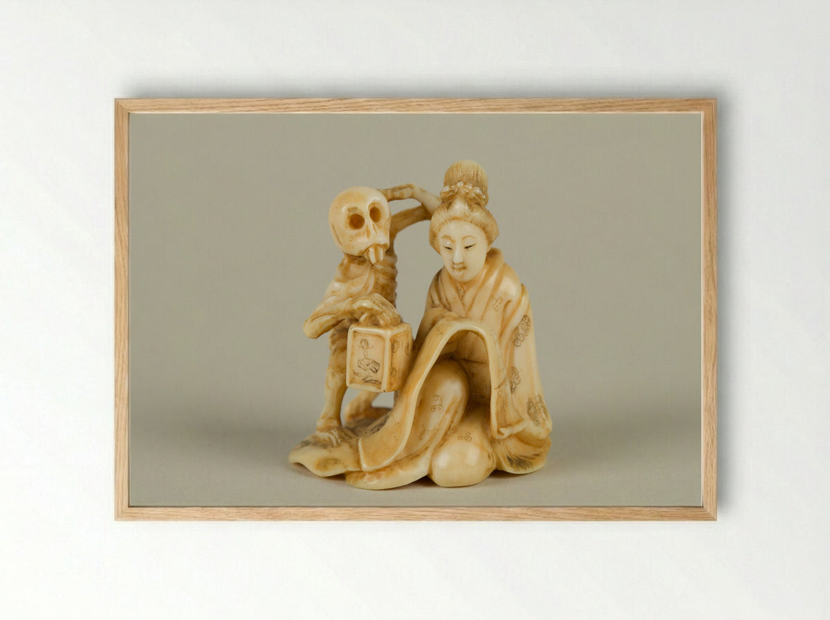 Netsuke (Woman and Skeleton) - Fine Art Print - Framed Print Wood
