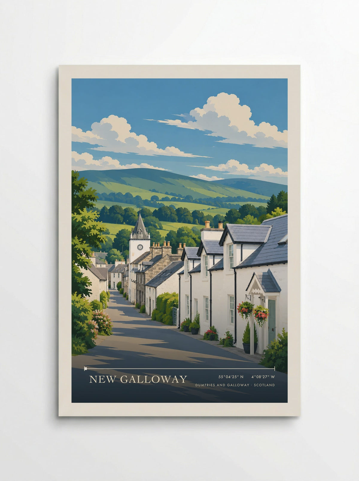 New Galloway, Dumfries and Galloway travel poster: white cottages, hanging flowers and a small clock tower below green hills in summer sunshine