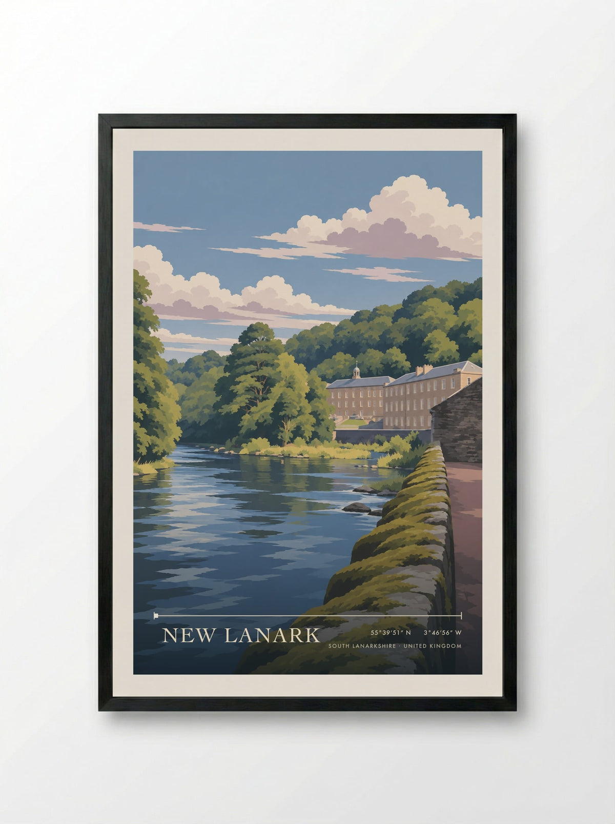 New Lanark, South Lanarkshire | Travel Poster - Framed Print Black