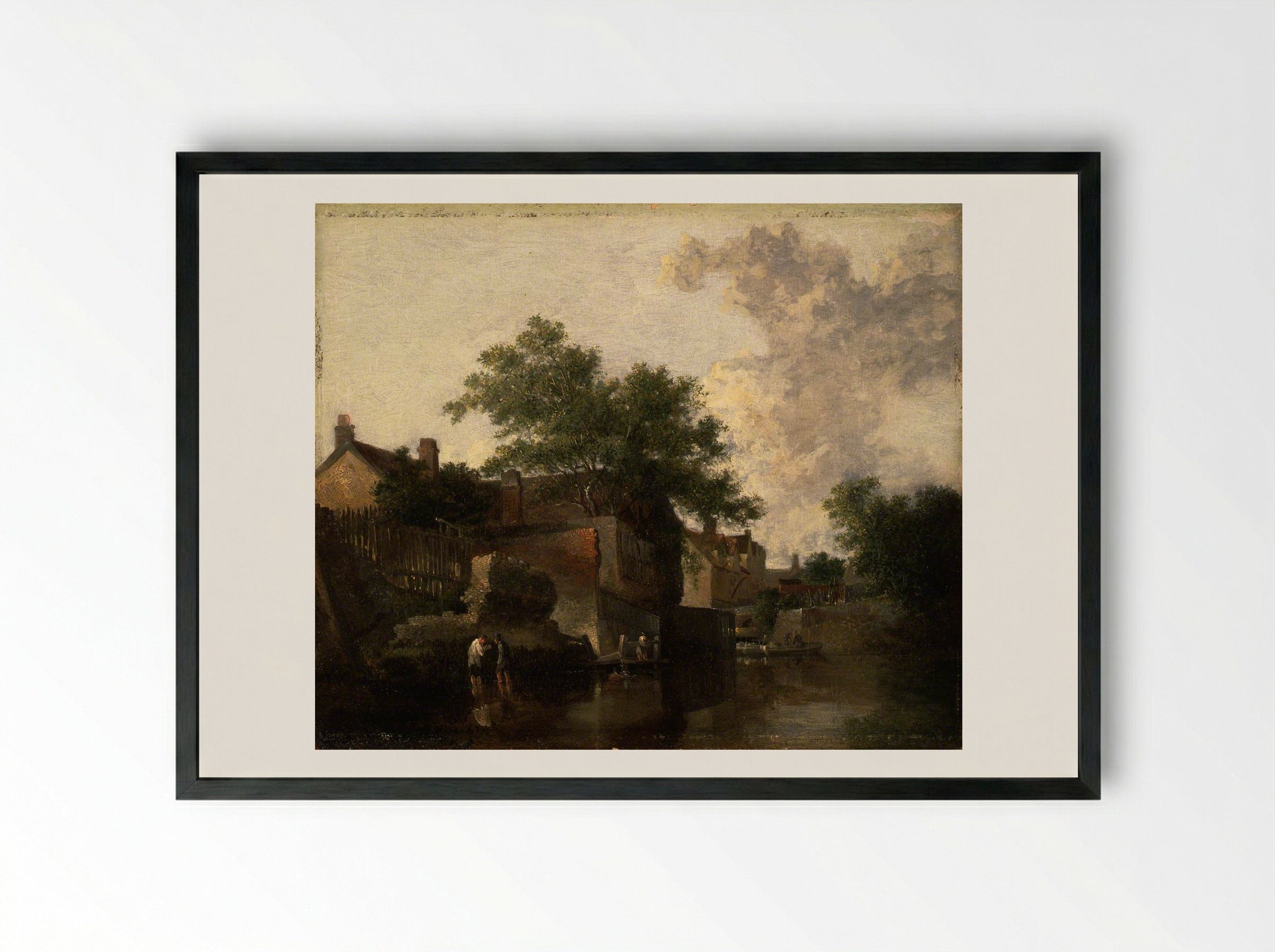 New Mills, Norfolk: Men Wading - John Crome - Framed Print Black